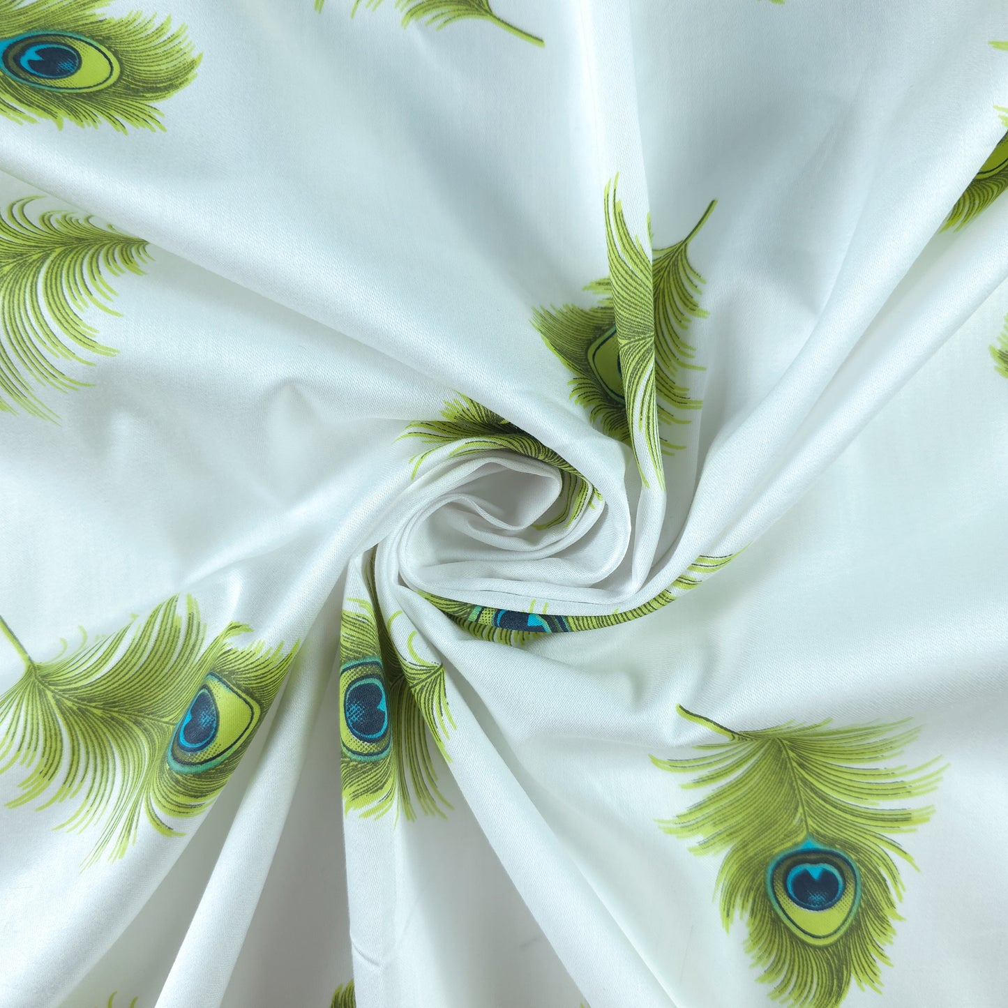 Elegant Peacock Feather Printed Satin Fabric