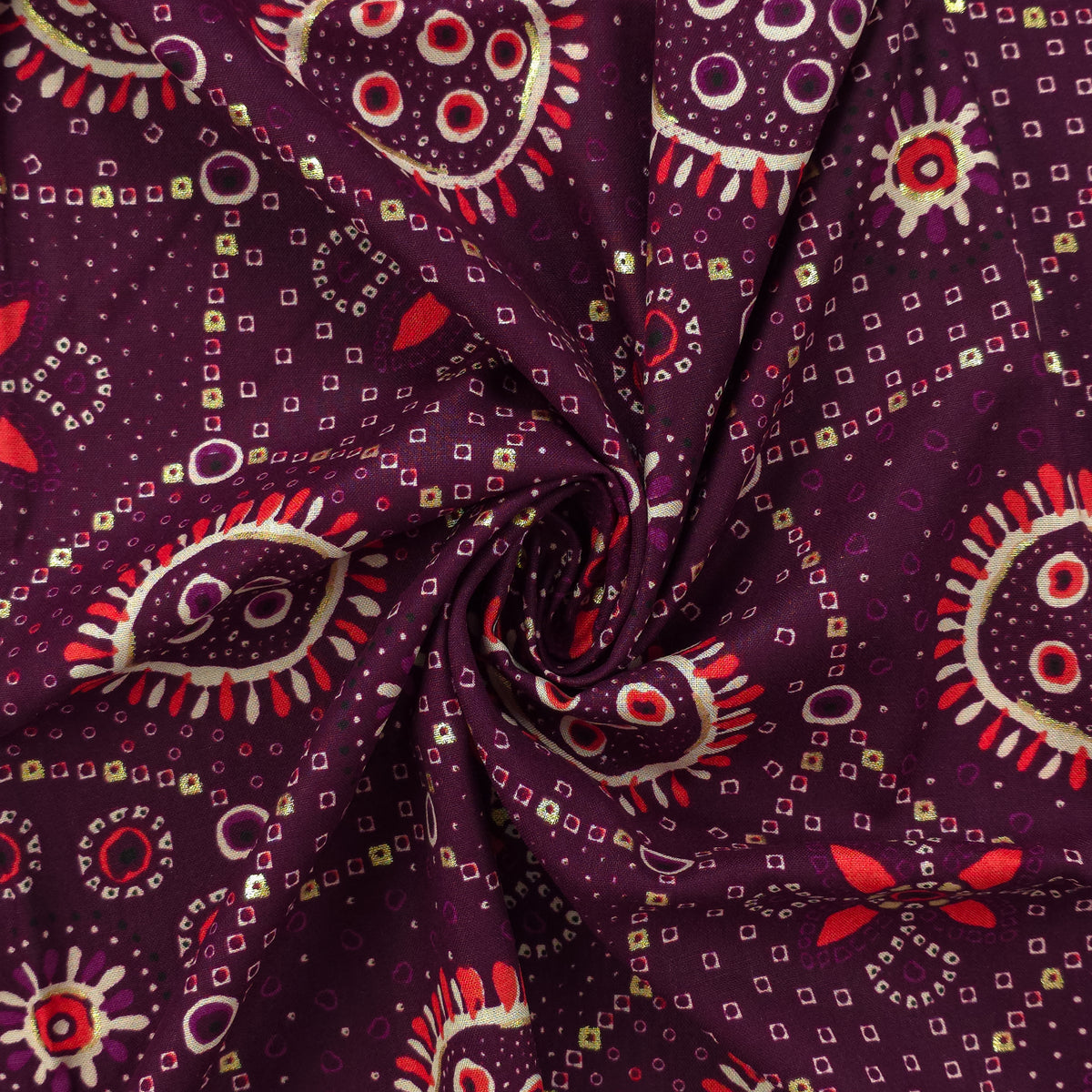 Sunburst Bandhani-Inspired Foil Printed Rayon Fabric - Purple
