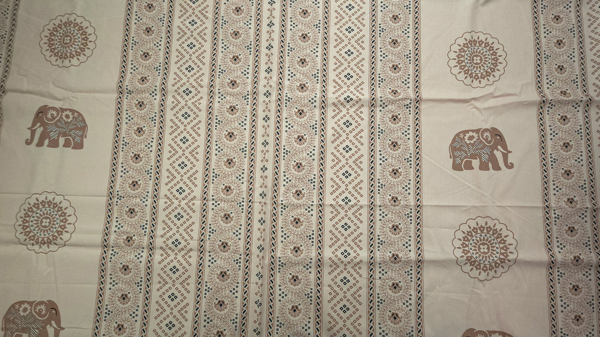Elephant Garden Striped Dhabu Cotton Fabric - Cream