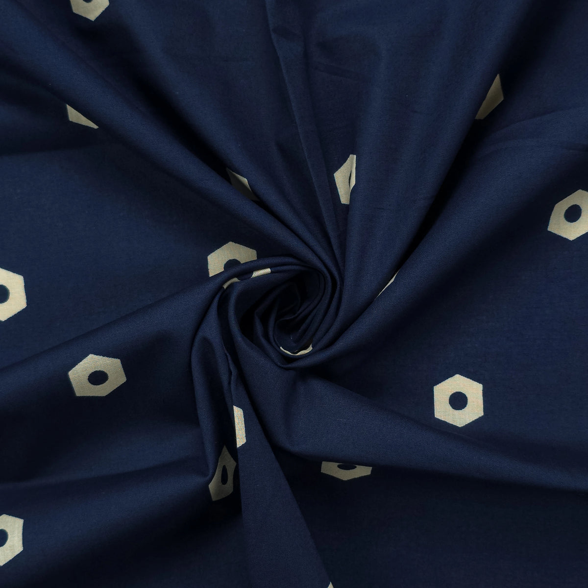 Ornamental Geometric Border Dhabu Cotton Fabric - Navy Blue