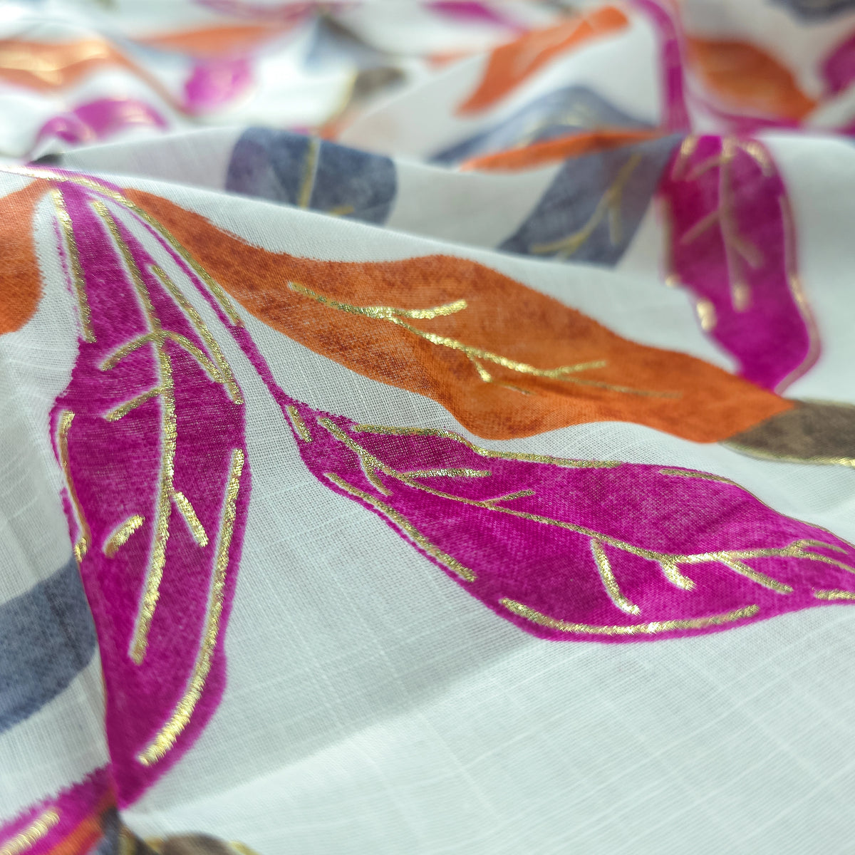 Abstract Botanical Leaf Cambric Cotton Slub Fabric - Pink