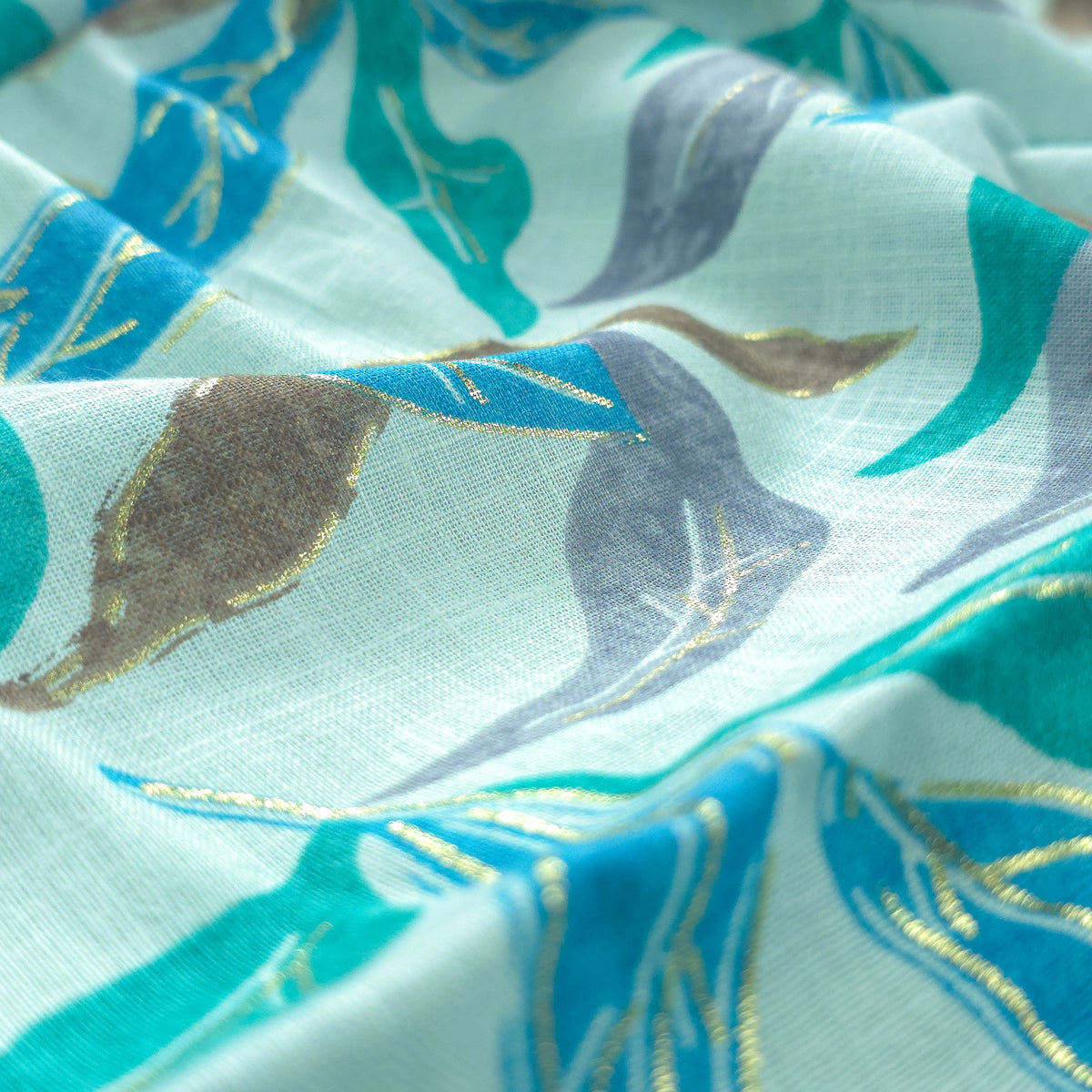 Abstract Botanical Leaf Cambric Cotton Slub Fabric - Blue
