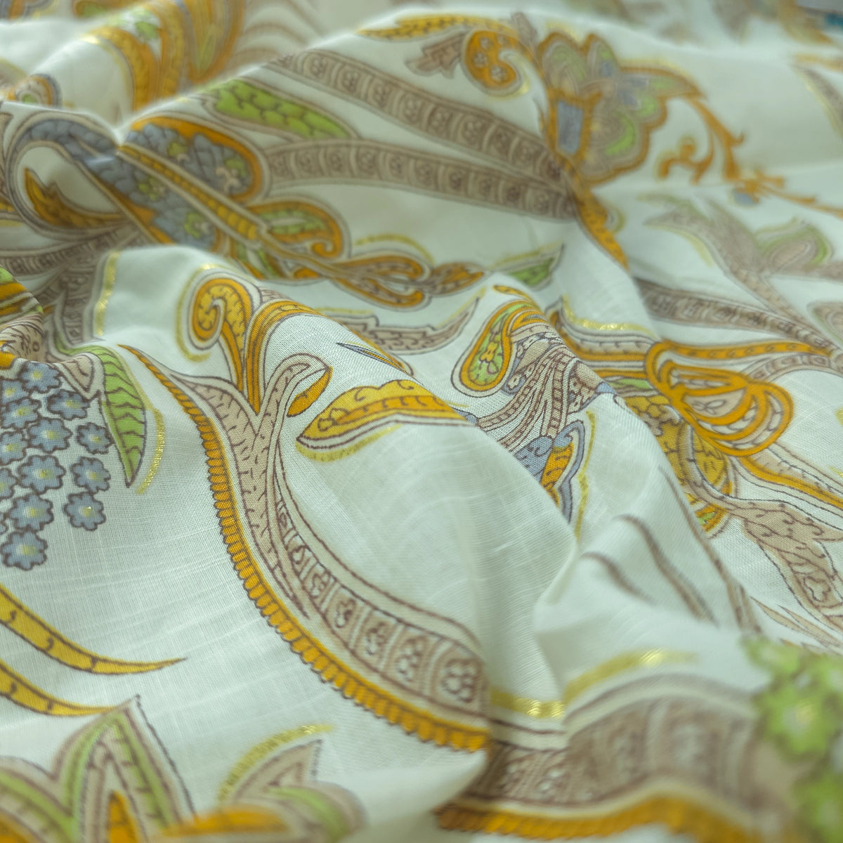 Ornate Paisley Floral Cambric Cotton Slub Fabric - Yellow