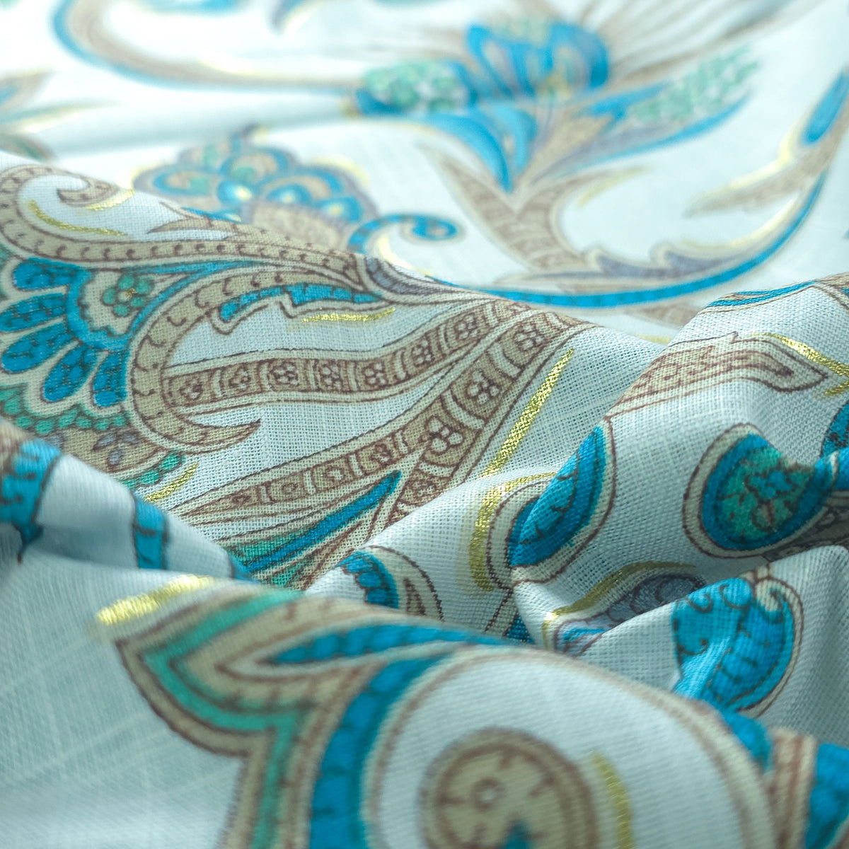 Ornate Paisley Floral Cambric Cotton Slub Fabric - Blue