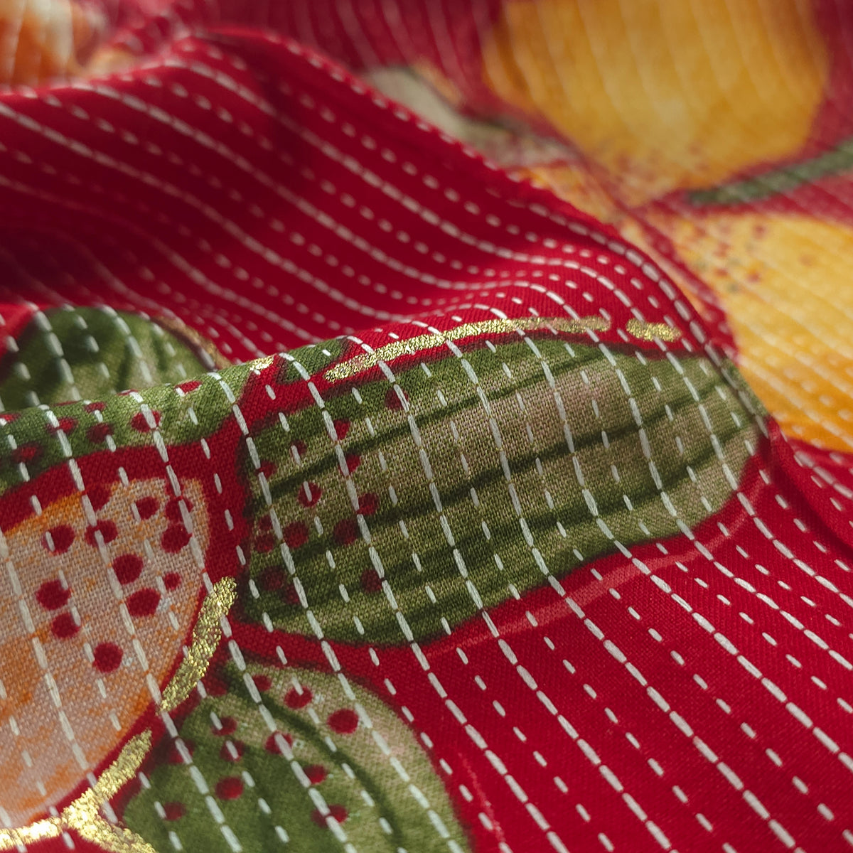 Vibrant Garden Floral Katha Work Rayon Foil Print Fabric - Red