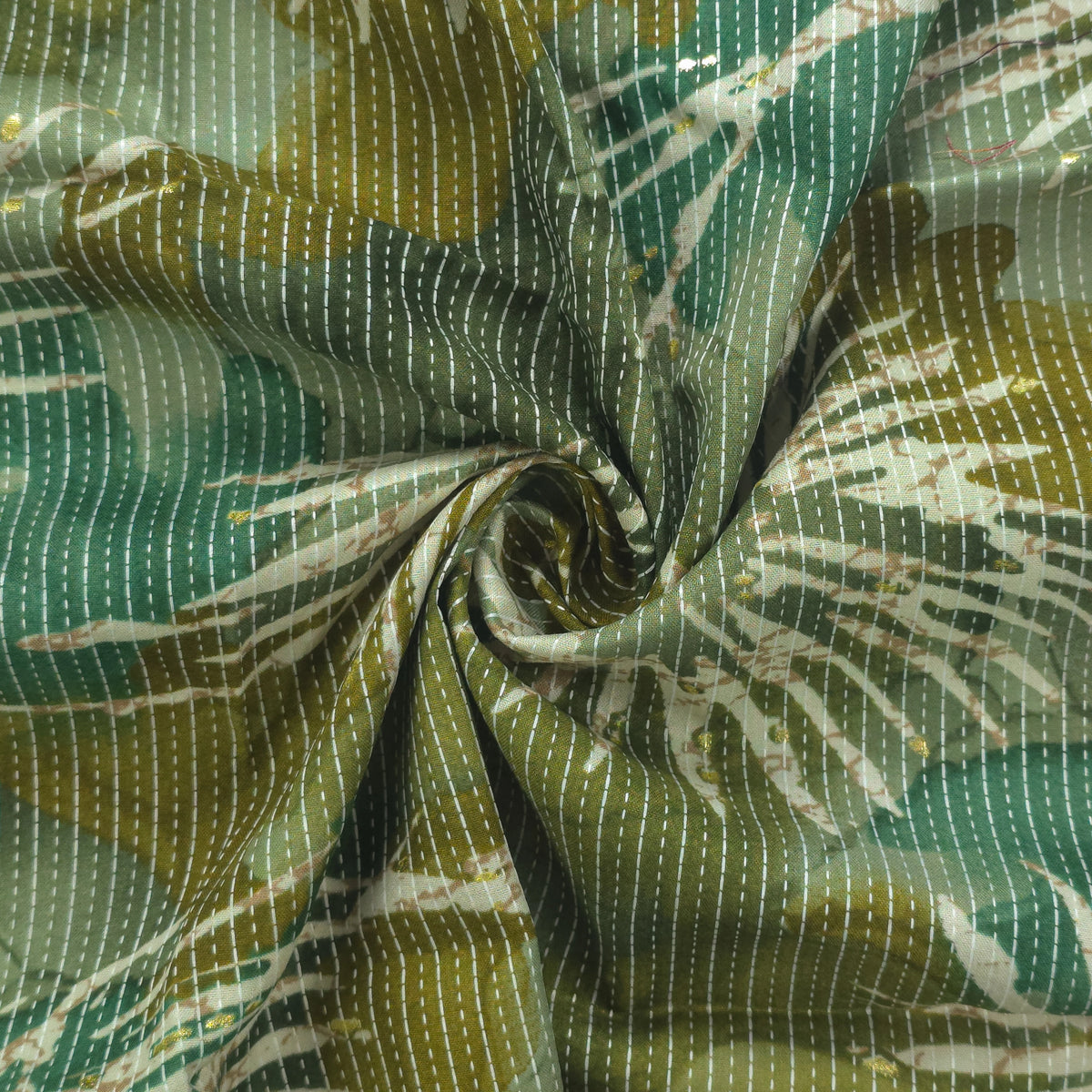Botanical Burst Katha Foil Print Rayon Fabric - Green