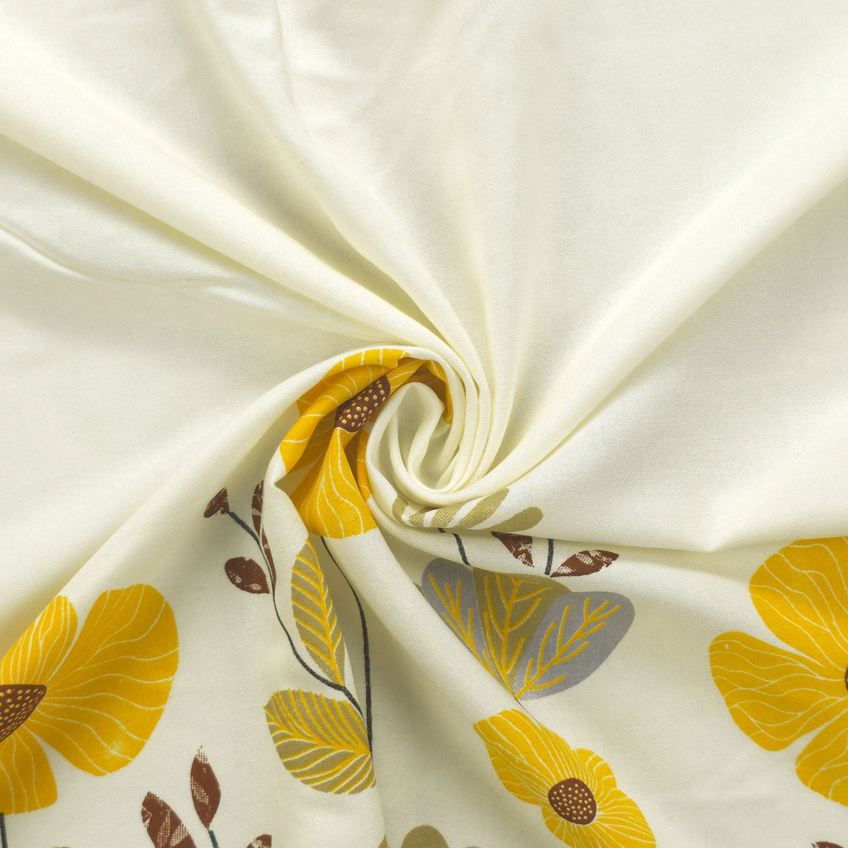 Meadow Bloom Floral Border Rayon Fabric - Yellow