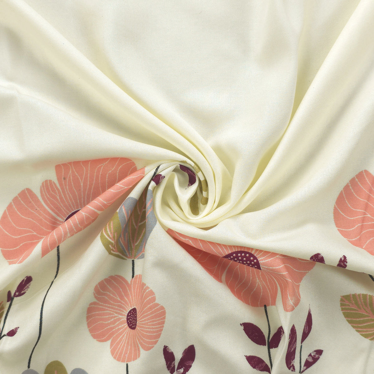 Meadow Bloom Floral Border Rayon Fabric - Peach