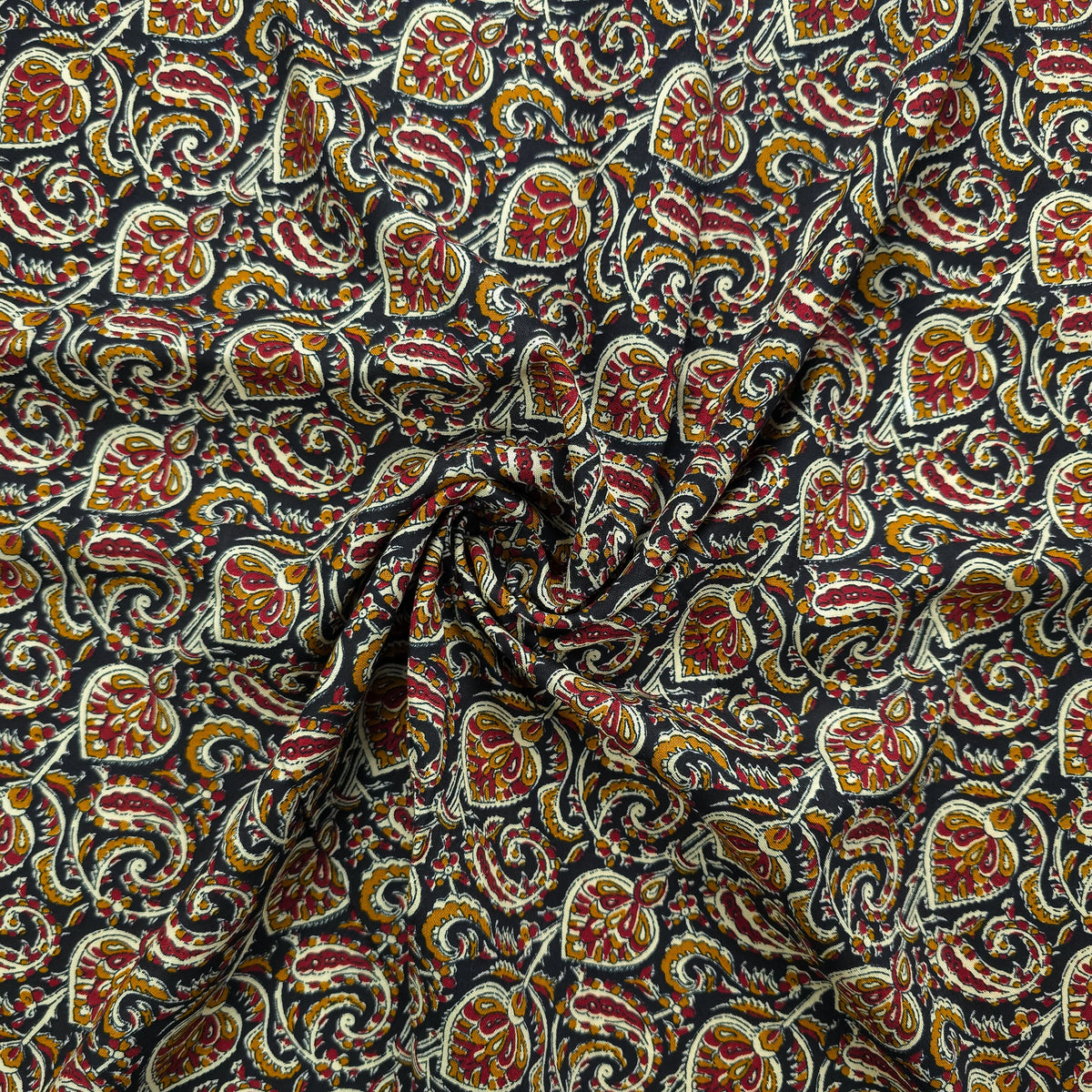 Intricate Floral Paisley Swirl Printed Rayon Fabric - Black