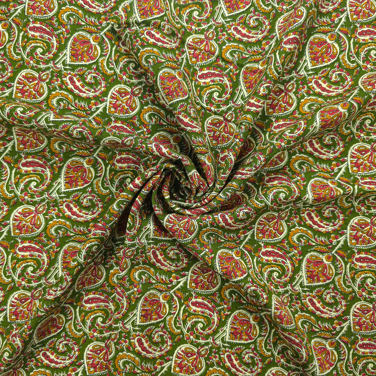 Intricate Floral Paisley Swirl Printed Rayon Fabric - Green