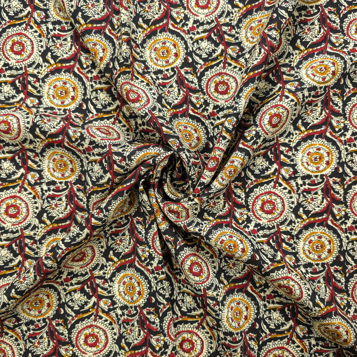 Intricate Floral Medallion Botanical Printed Rayon Fabric - Black