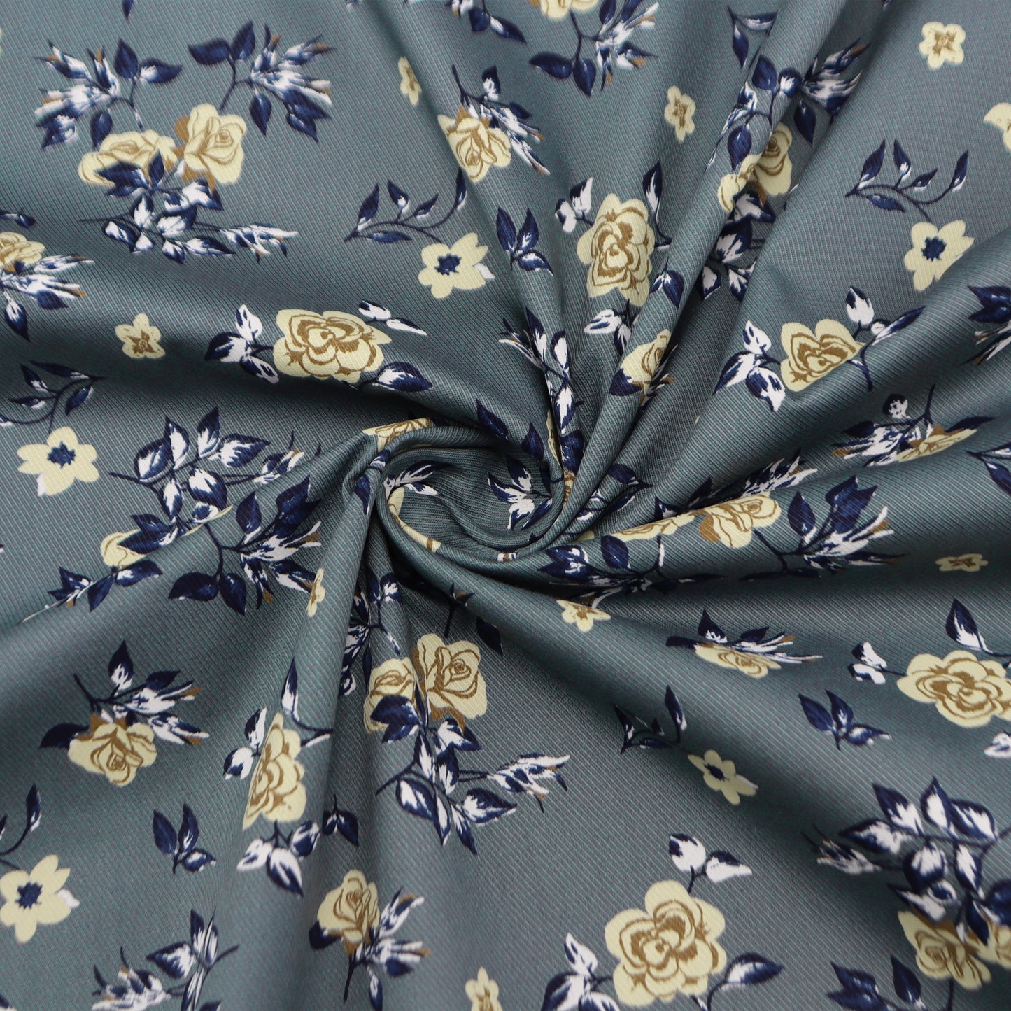 Premium Turquoise Floral Printed Cavalry Twill Fabric