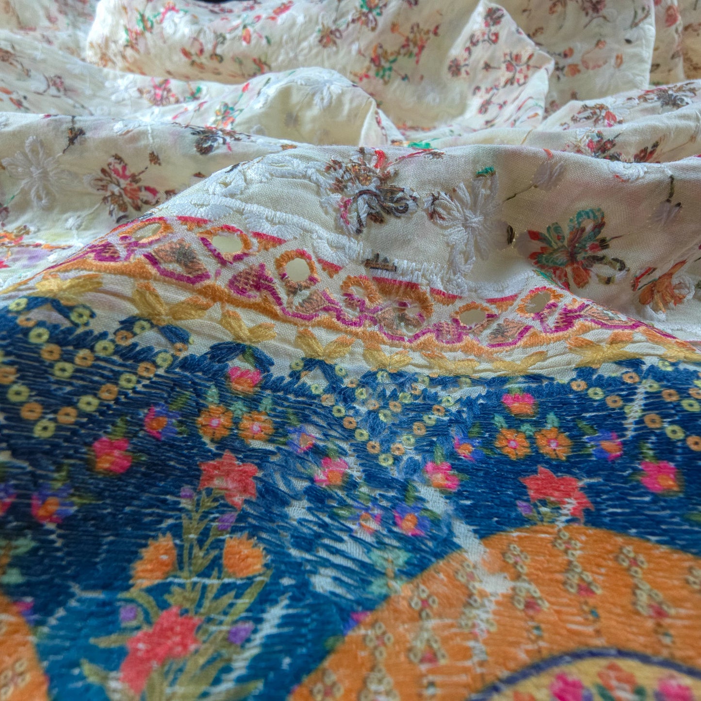 Vintage Mughal Border Schiffli Cambric Fabric