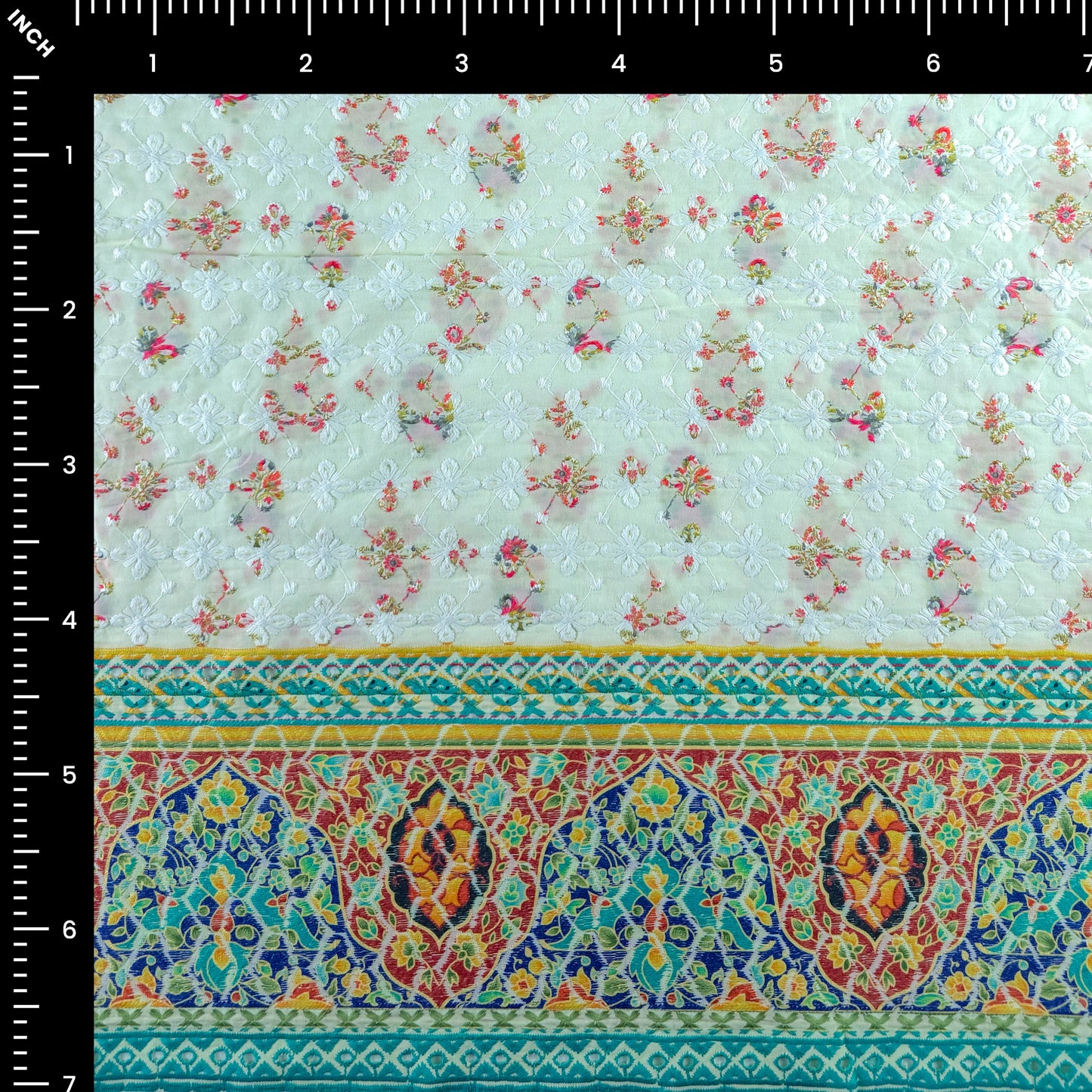 Royal Mughal Floral Border Schiffli Cambric Fabric