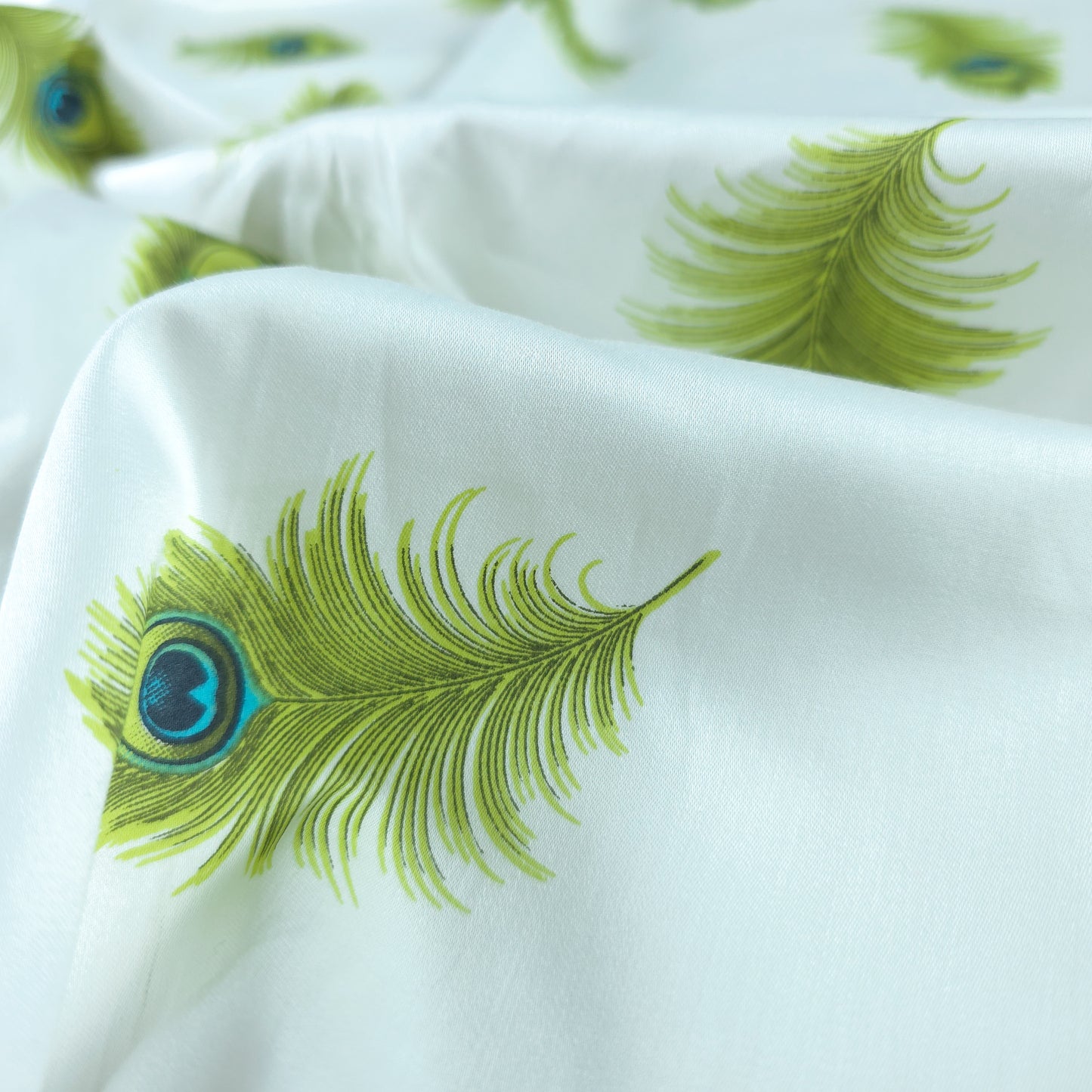 Elegant Peacock Feather Printed Satin Fabric