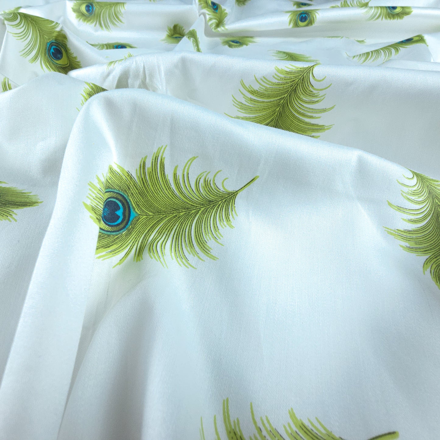 Elegant Peacock Feather Printed Satin Fabric