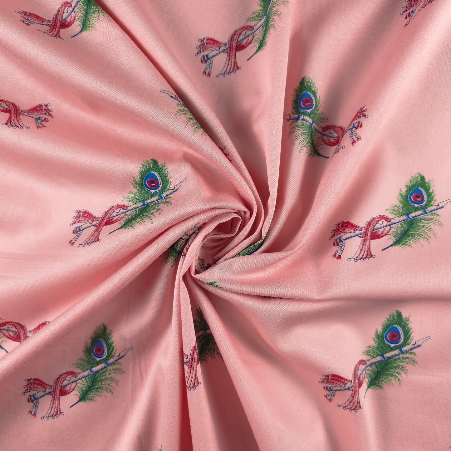 Regal Peacock Feather Printed Satin Fabric