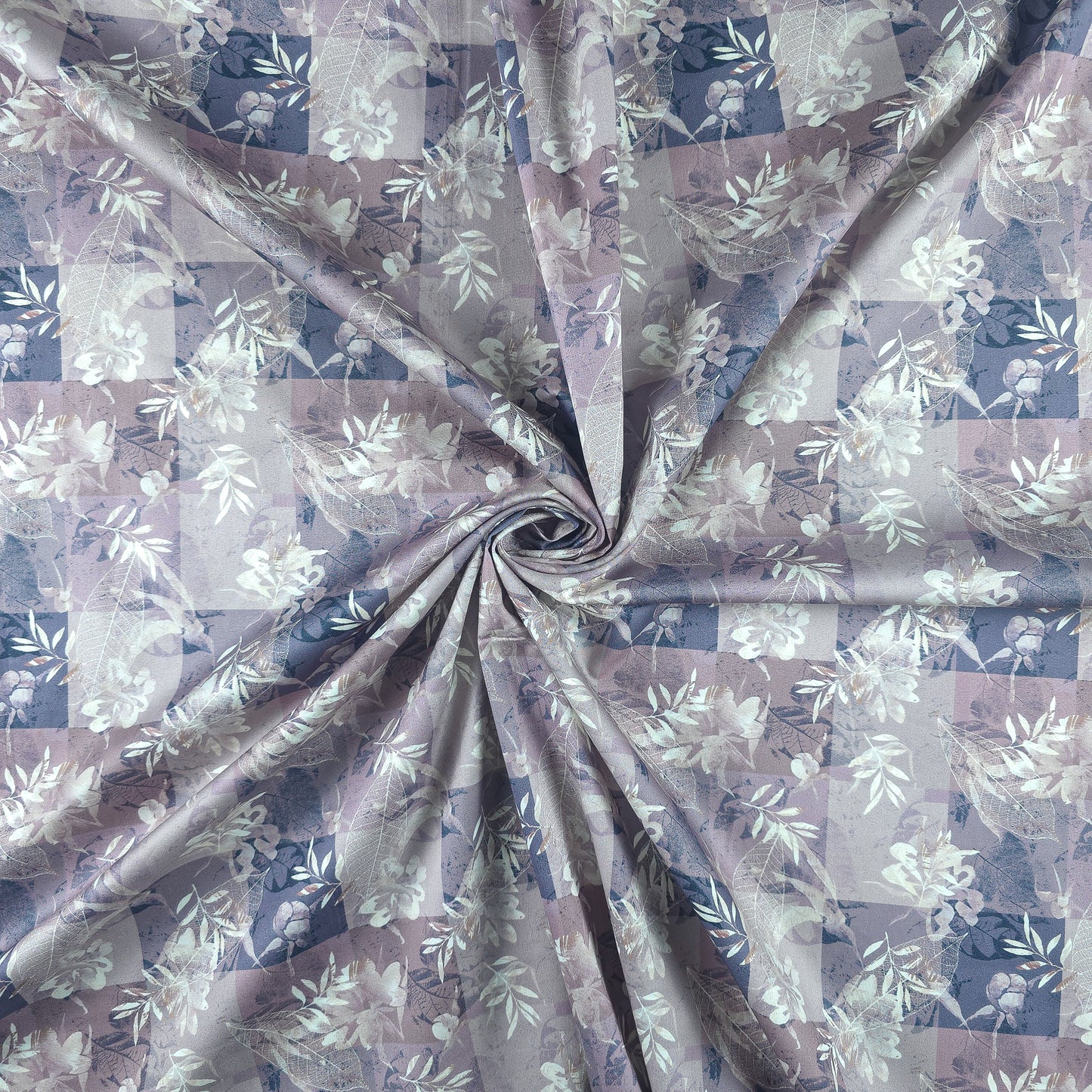 Floral Check Overlay Printed Satin Fabric