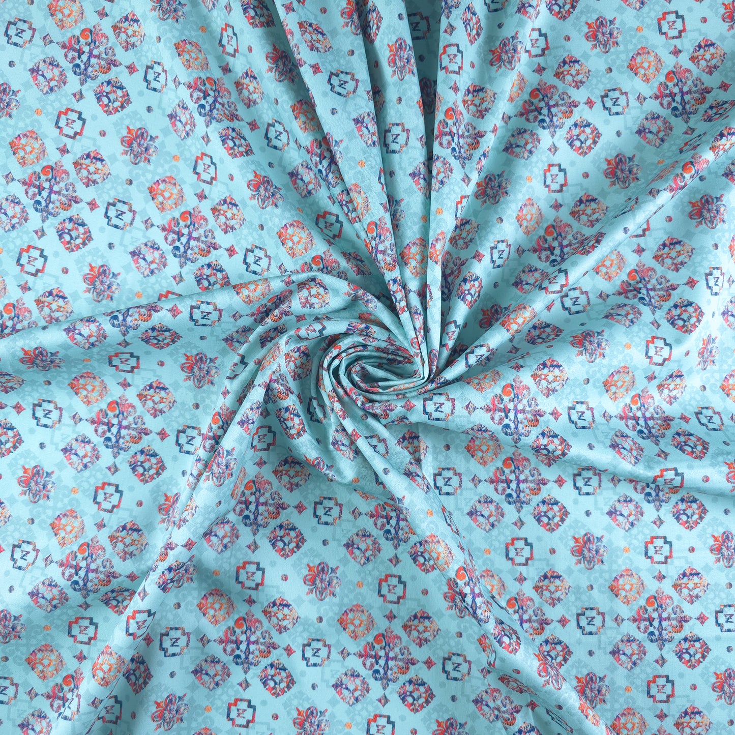 Ethnic Geometric Buta Printed Satin Fabric