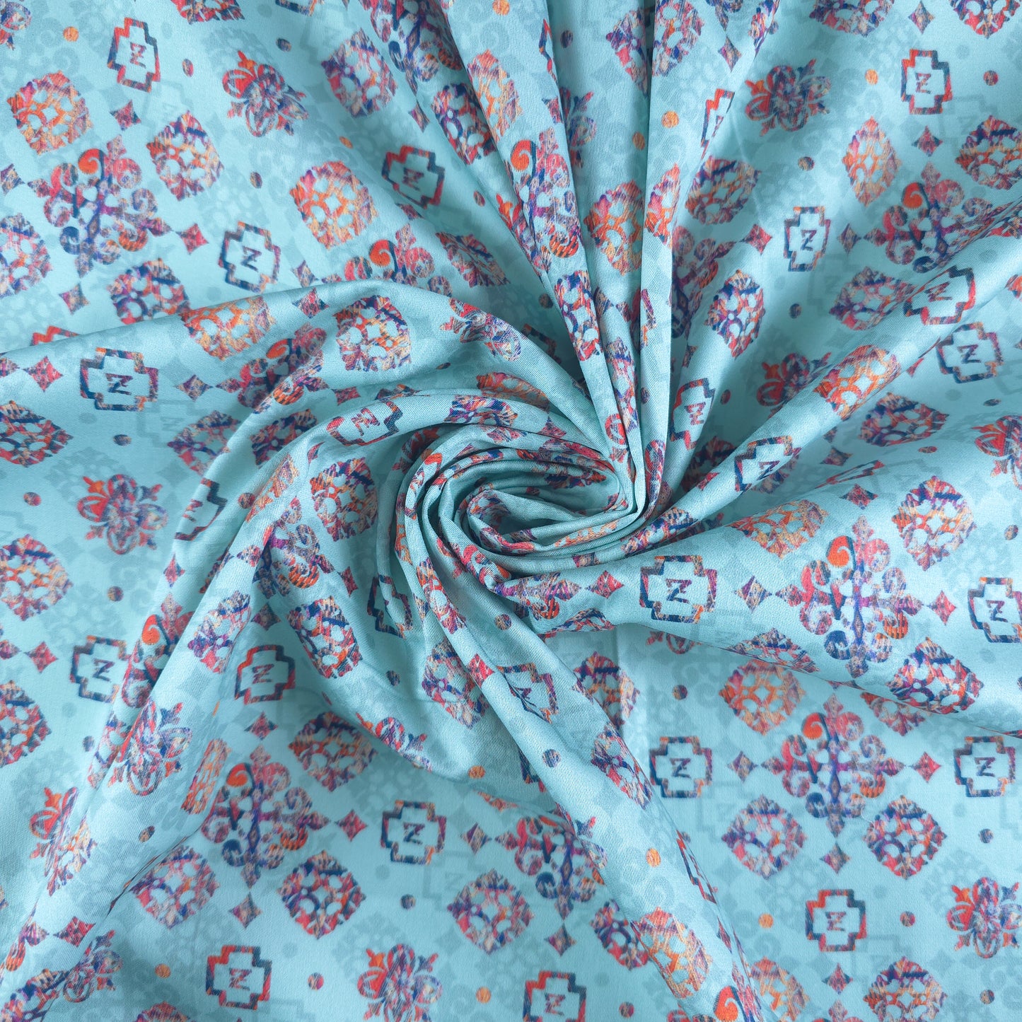 Ethnic Geometric Buta Printed Satin Fabric