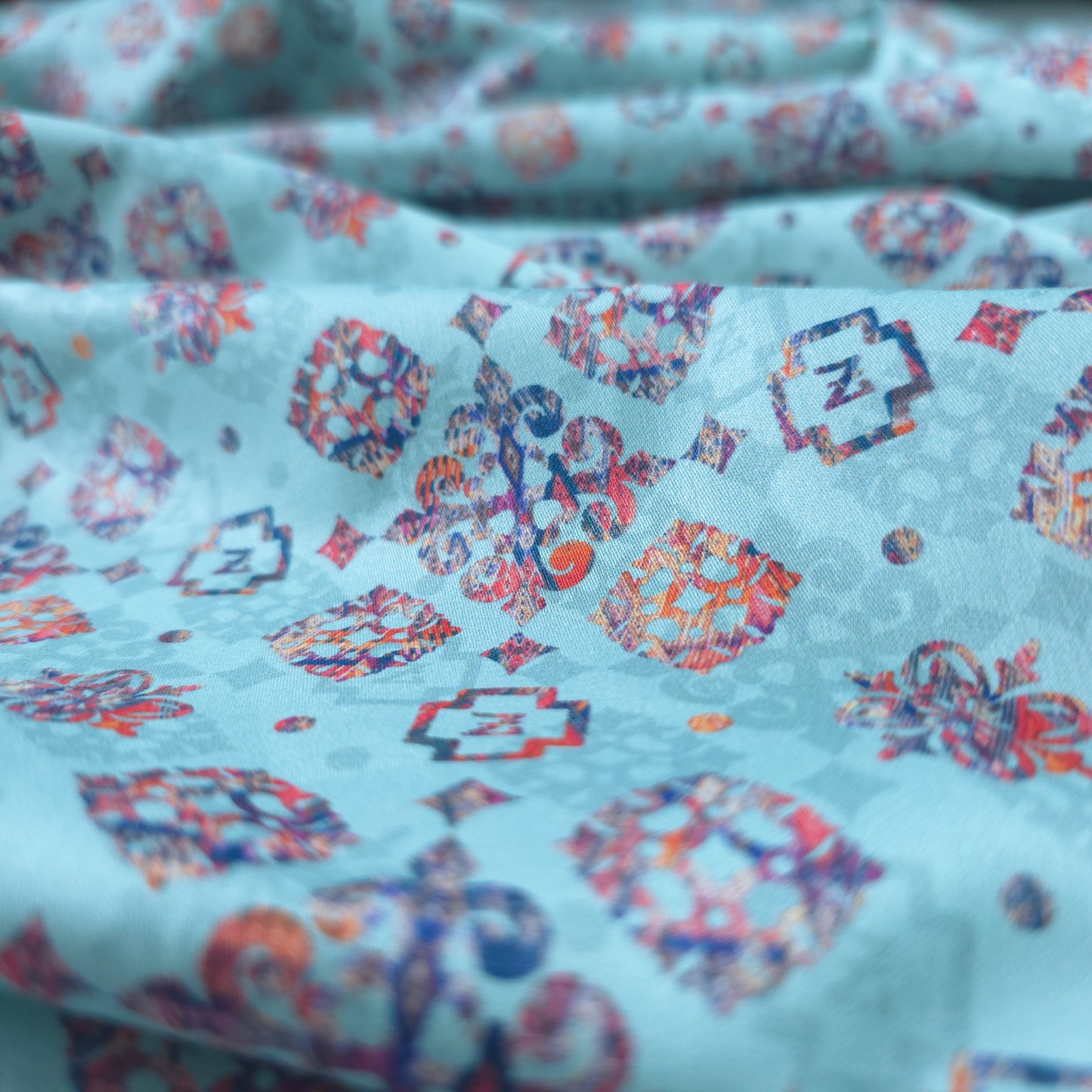 Ethnic Geometric Buta Printed Satin Fabric