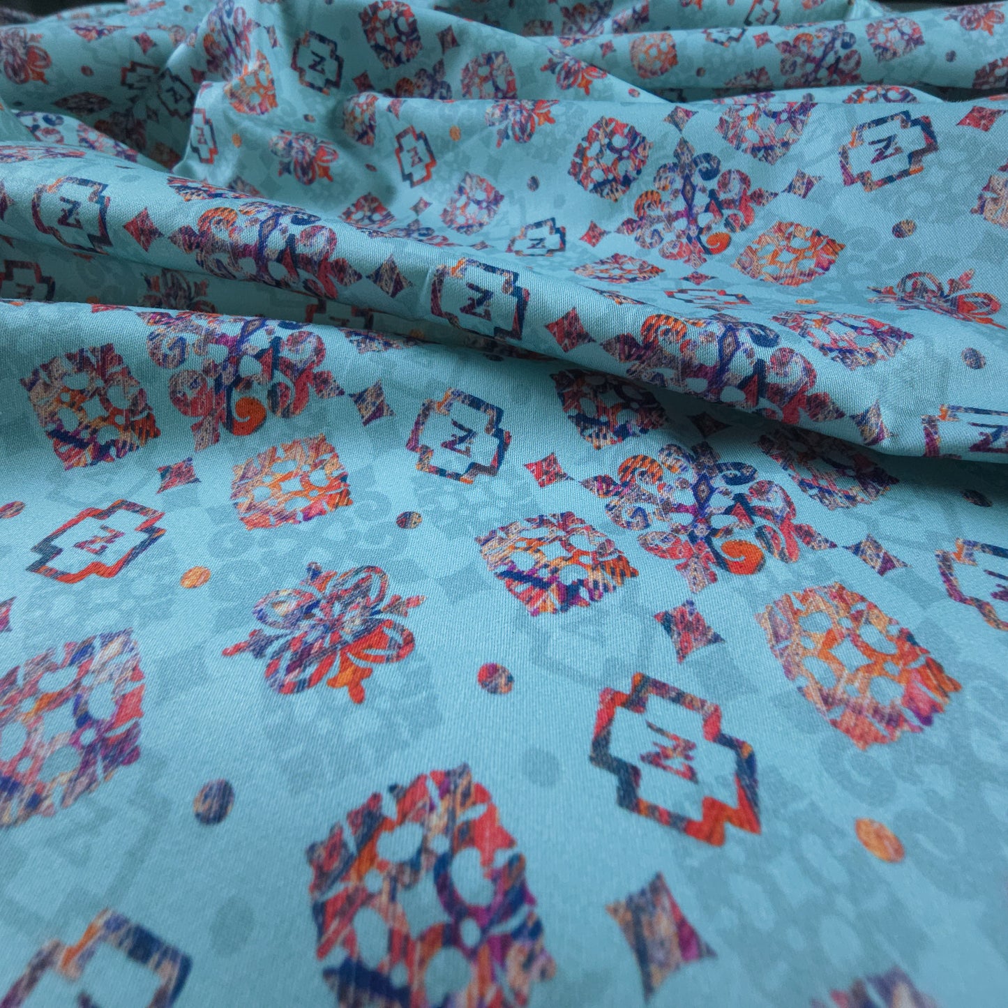 Ethnic Geometric Buta Printed Satin Fabric