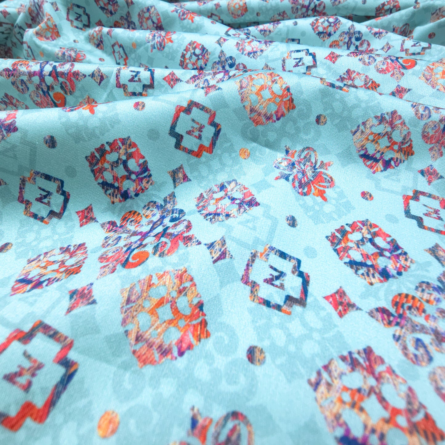 Ethnic Geometric Buta Printed Satin Fabric
