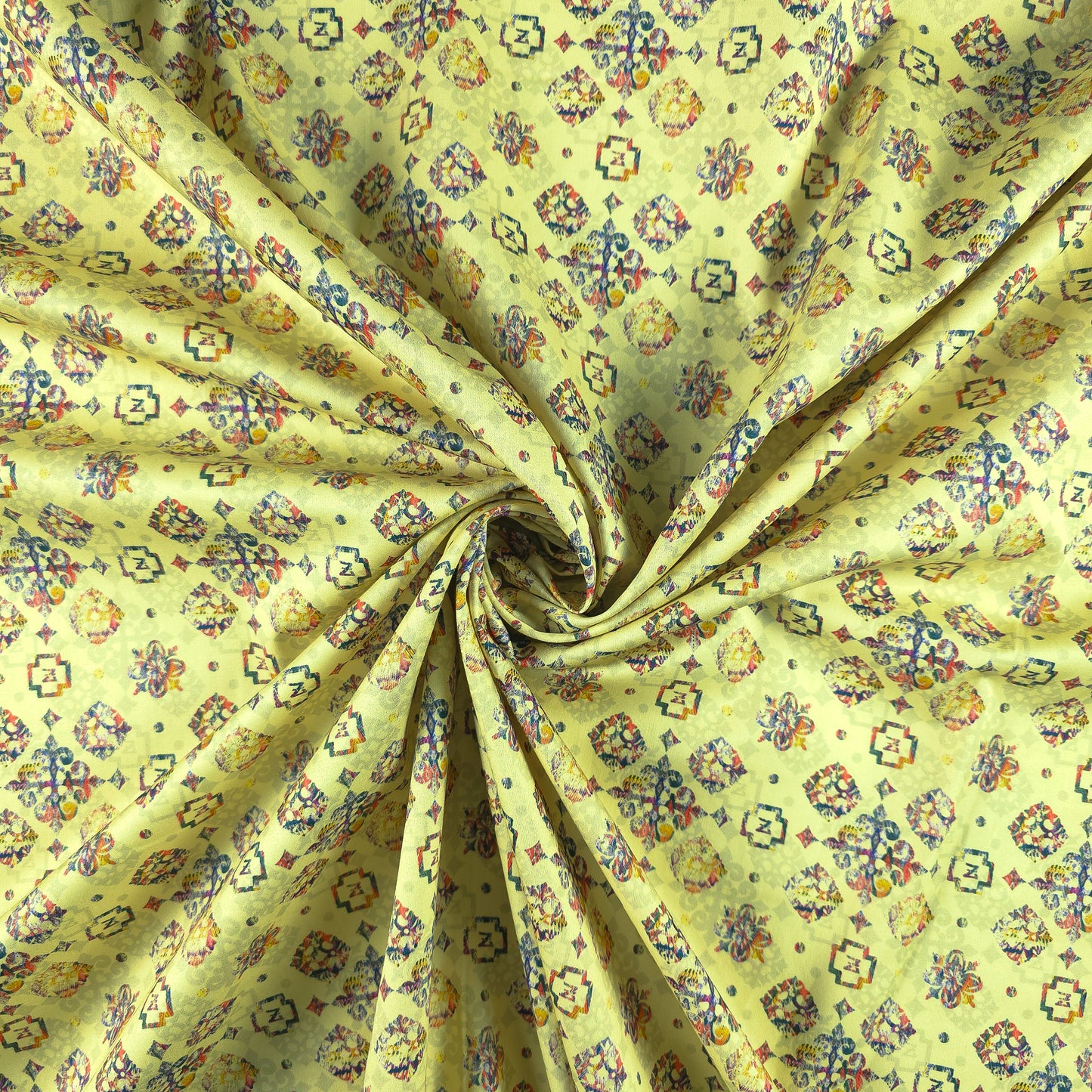 Ethnic Geometric Buta Printed Satin Fabric