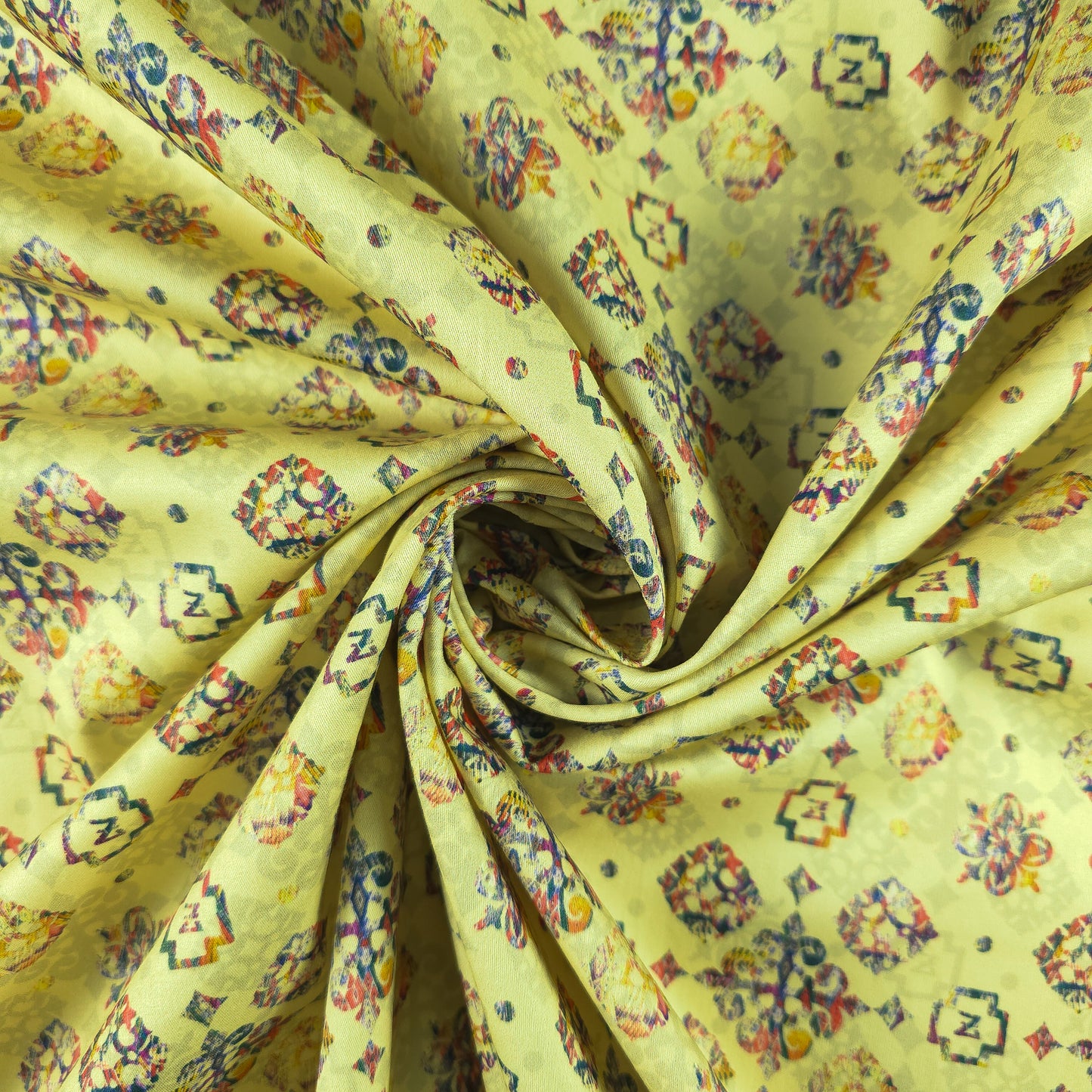 Ethnic Geometric Buta Printed Satin Fabric