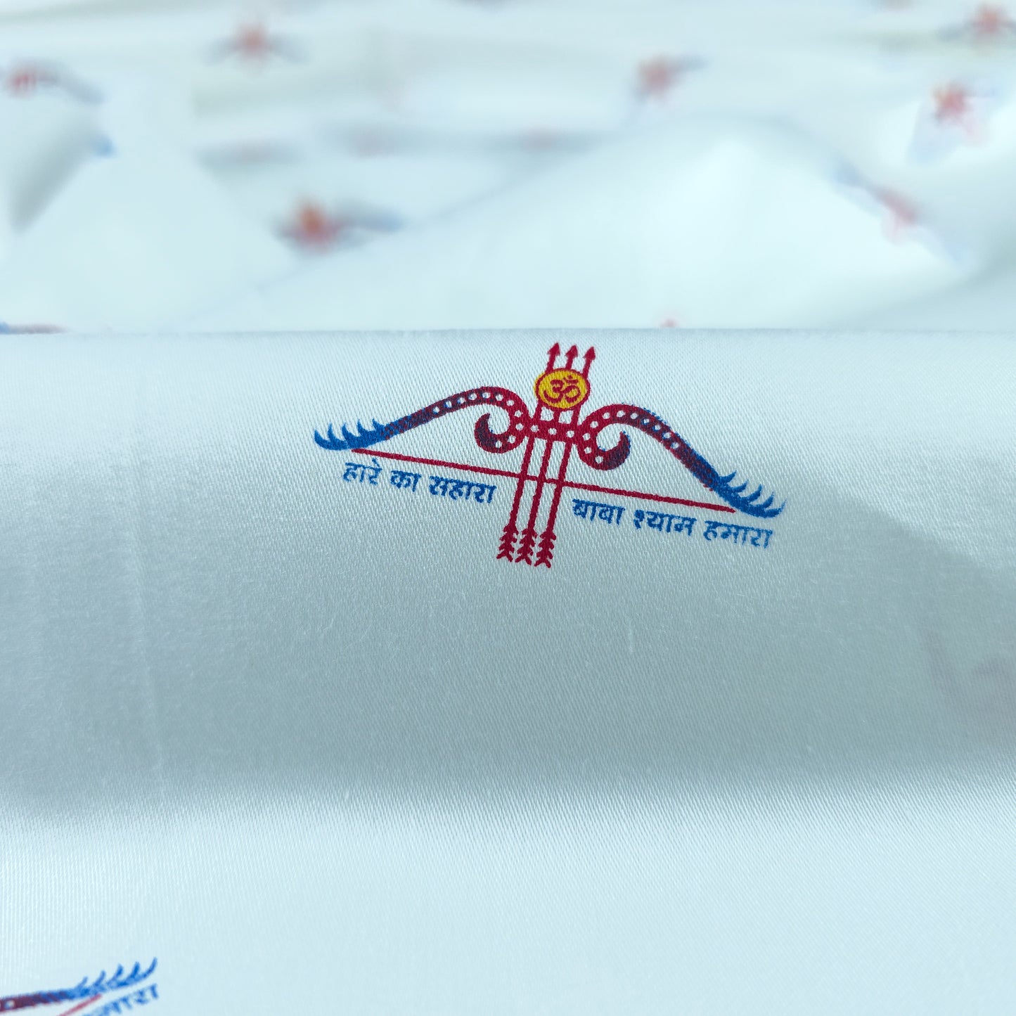 Divine Bow-Arrow Emblem Printed Satin Fabric