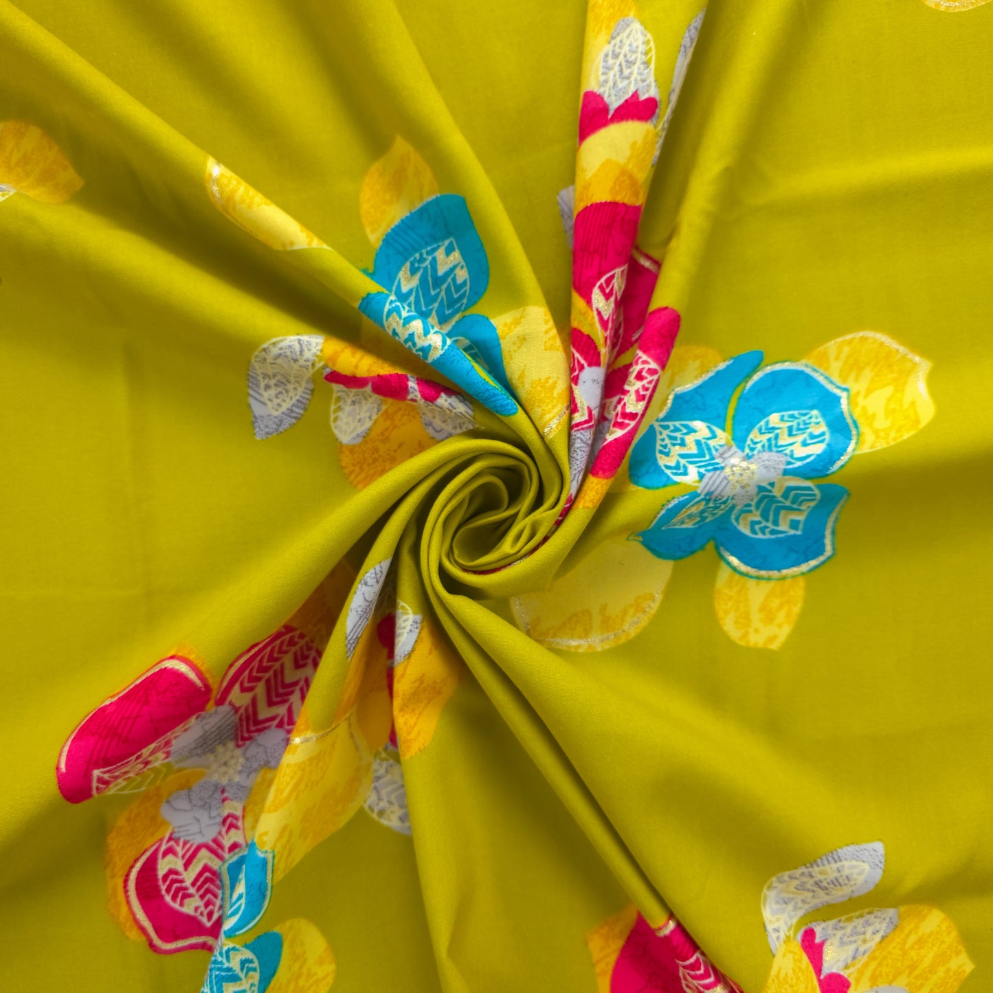 Regal Blossom Foil Printed Rayon Fabric