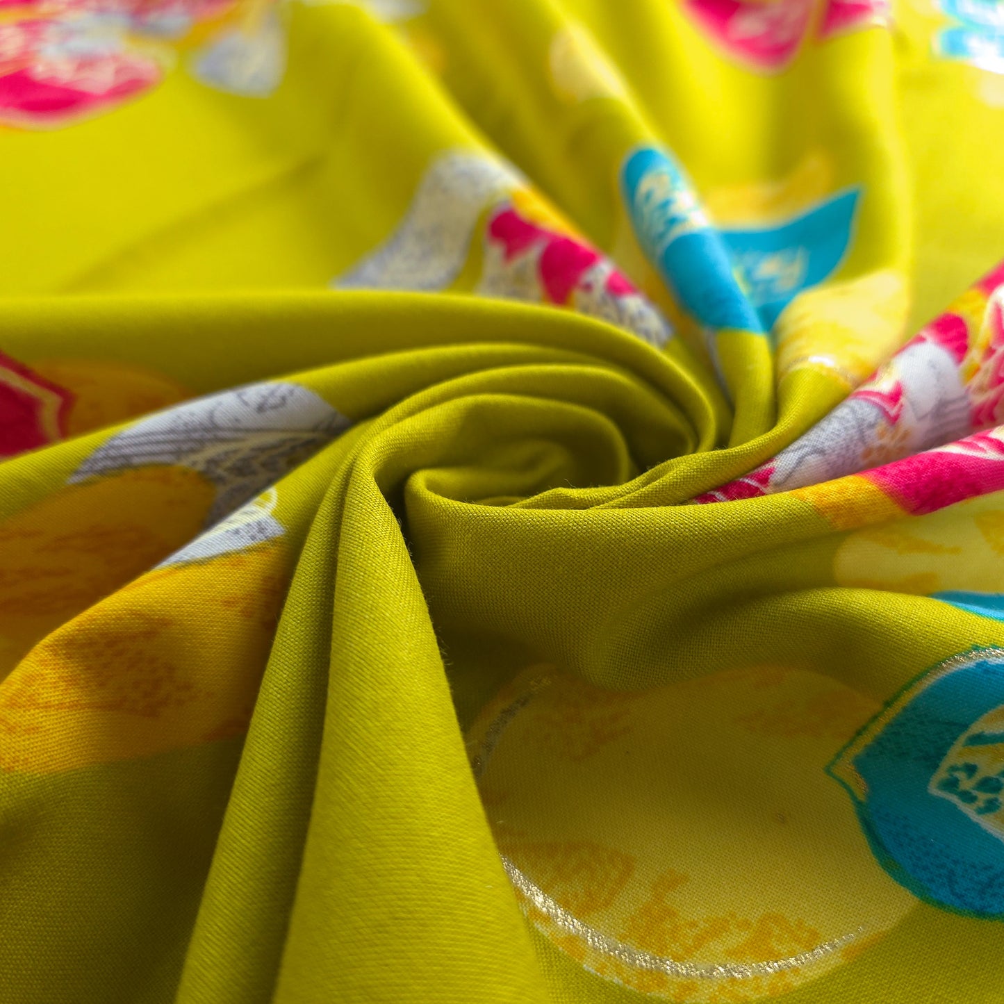 Regal Blossom Foil Printed Rayon Fabric