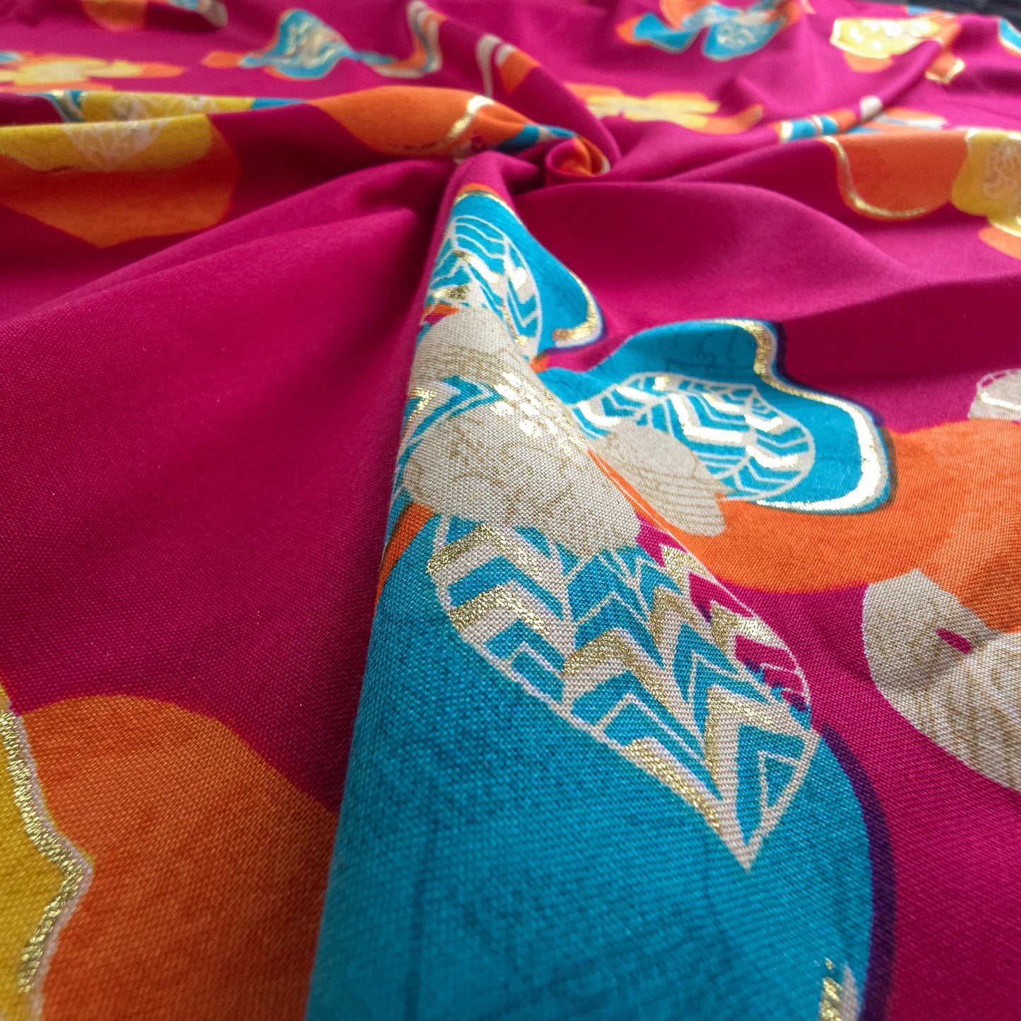 Regal Blossom Foil Printed Rayon Fabric