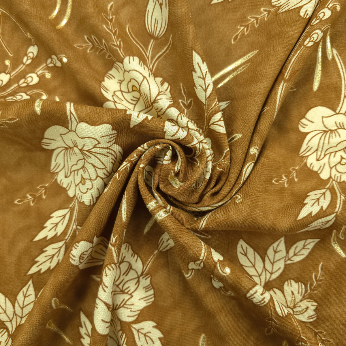 Vintage Botanical Foil Printed Rayon Fabric