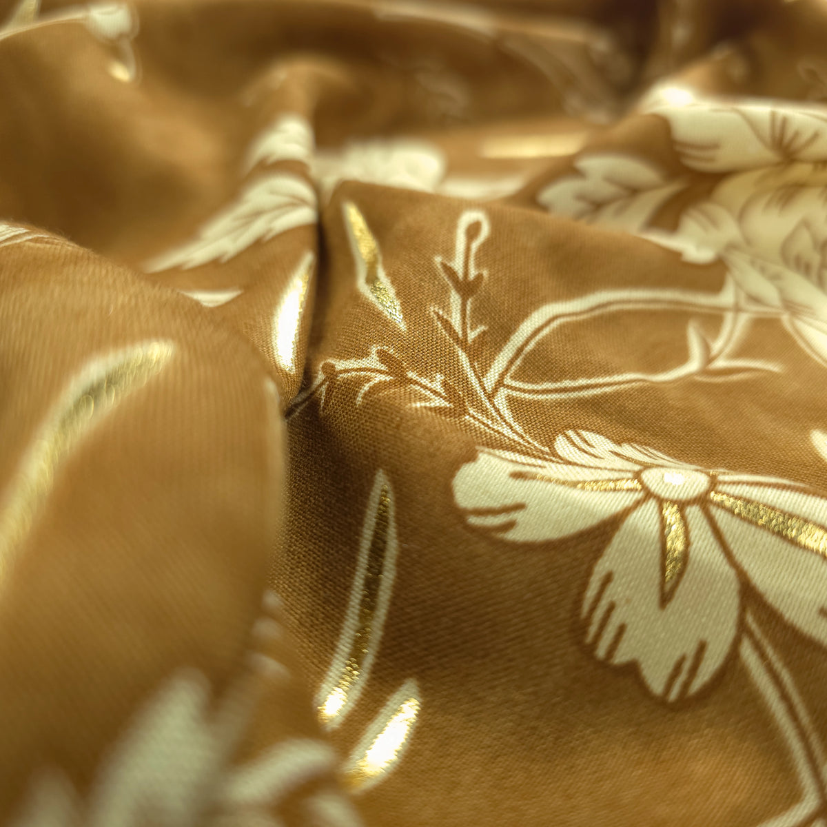 Vintage Botanical Foil Printed Rayon Fabric