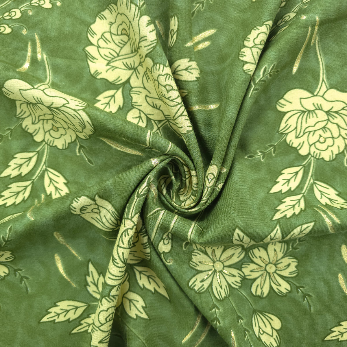 Vintage Botanical Foil Printed Rayon Fabric
