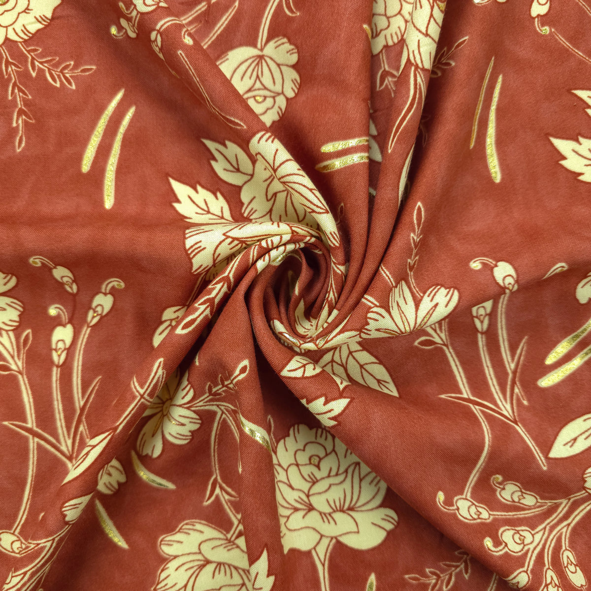 Vintage Botanical Foil Printed Rayon Fabric
