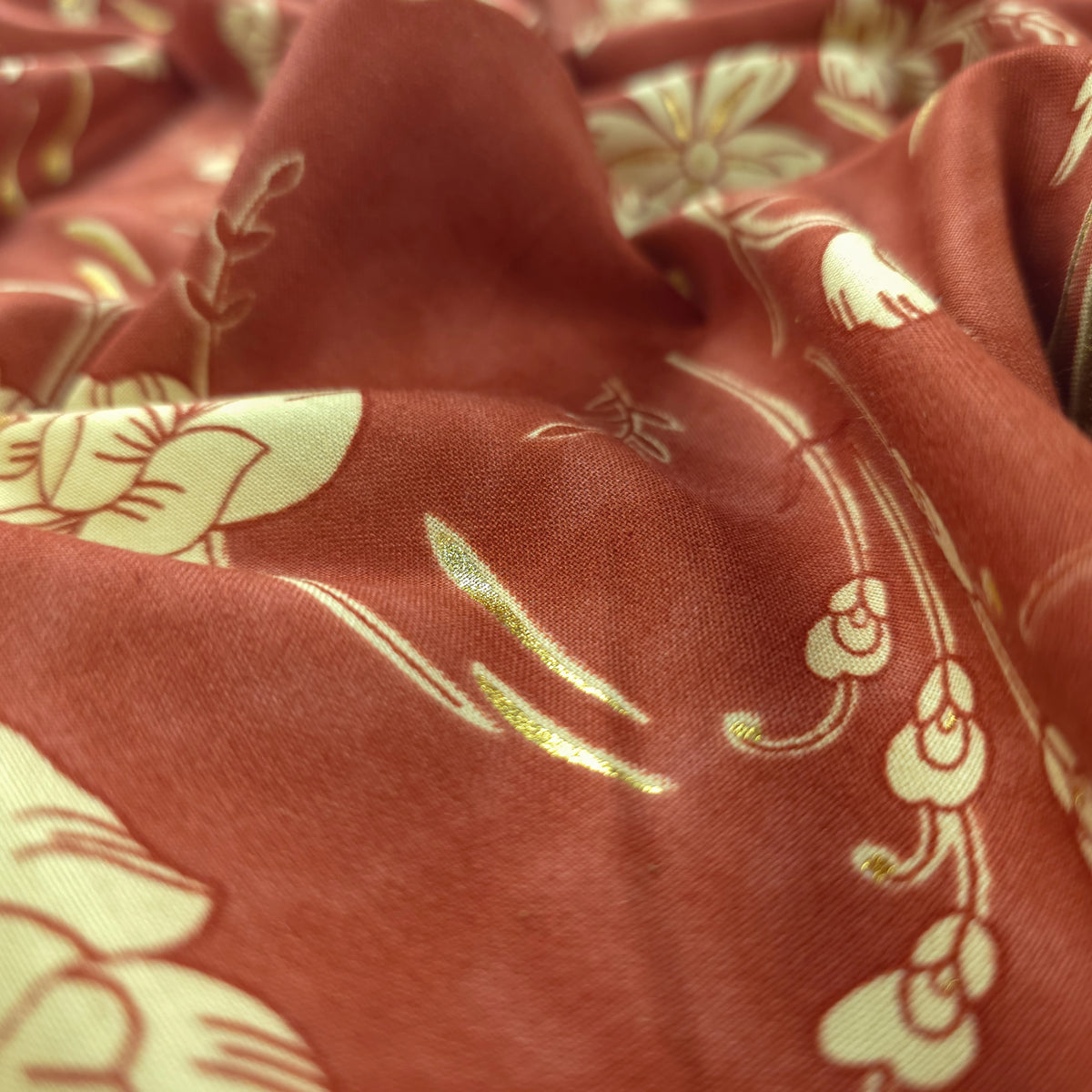 Vintage Botanical Foil Printed Rayon Fabric