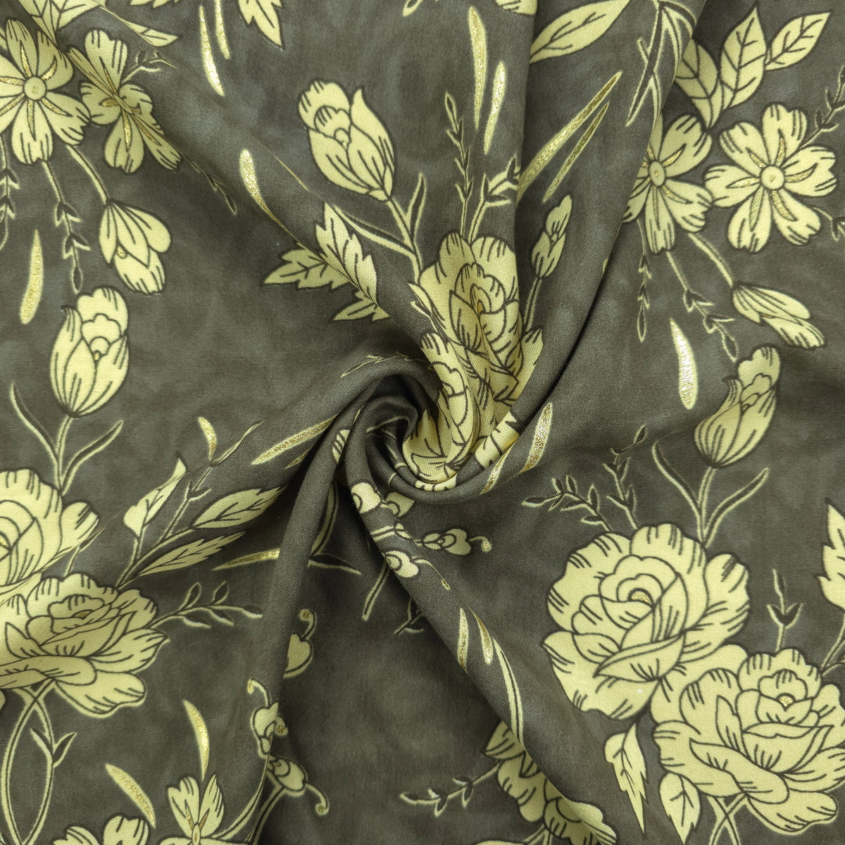 Vintage Botanical Foil Printed Rayon Fabric