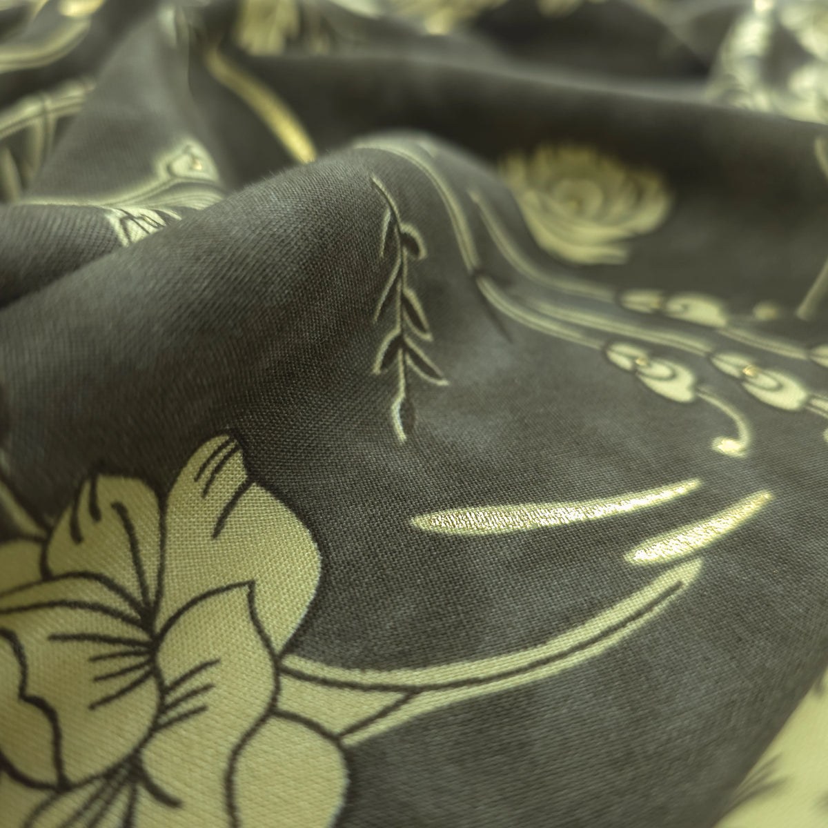 Vintage Botanical Foil Printed Rayon Fabric