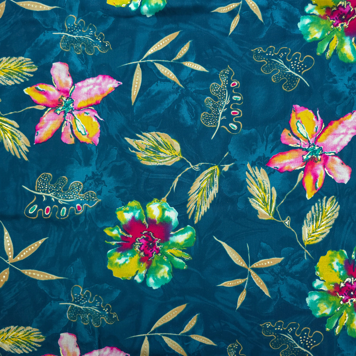 Artistic Botanical Foil Printed Rayon Fabric