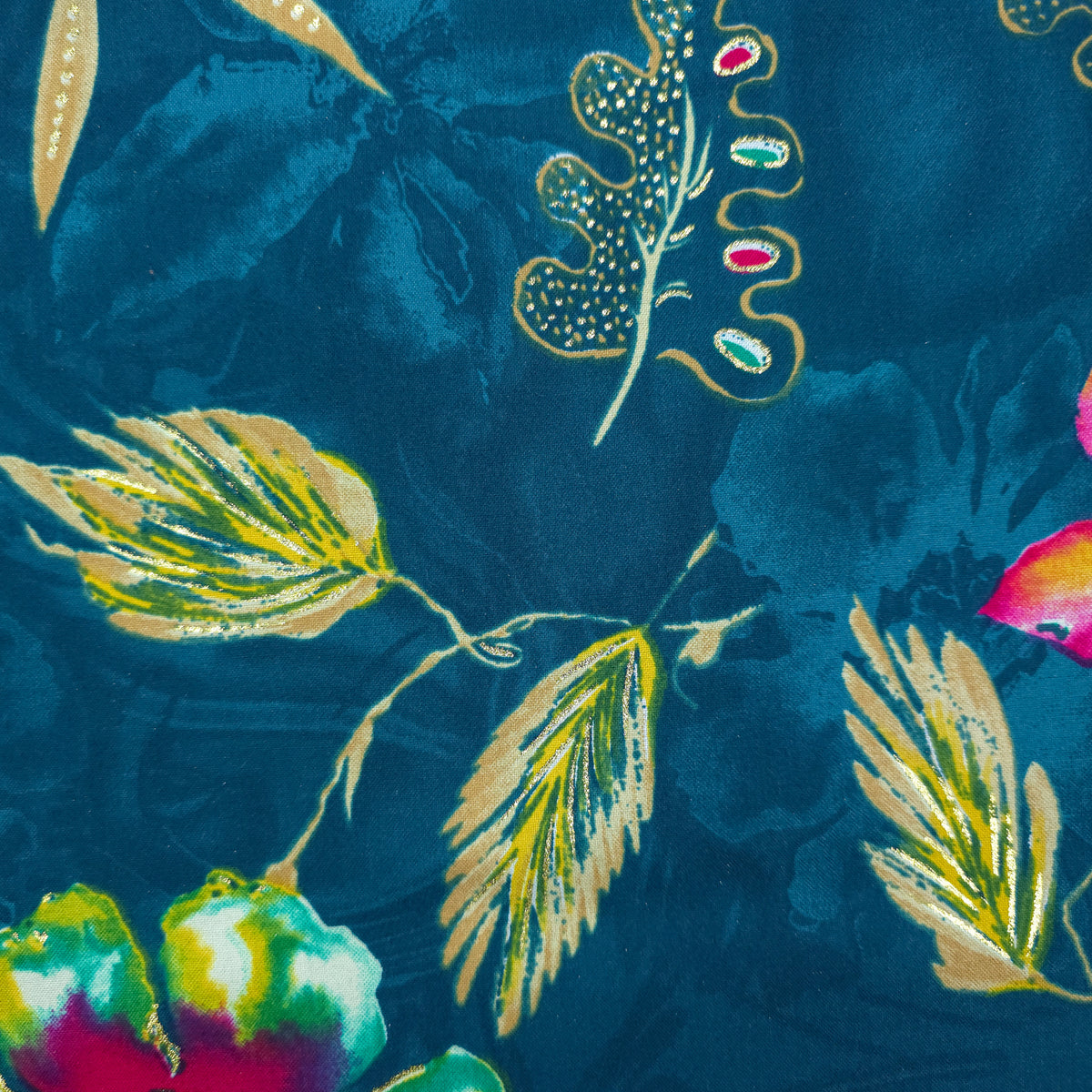 Artistic Botanical Foil Printed Rayon Fabric