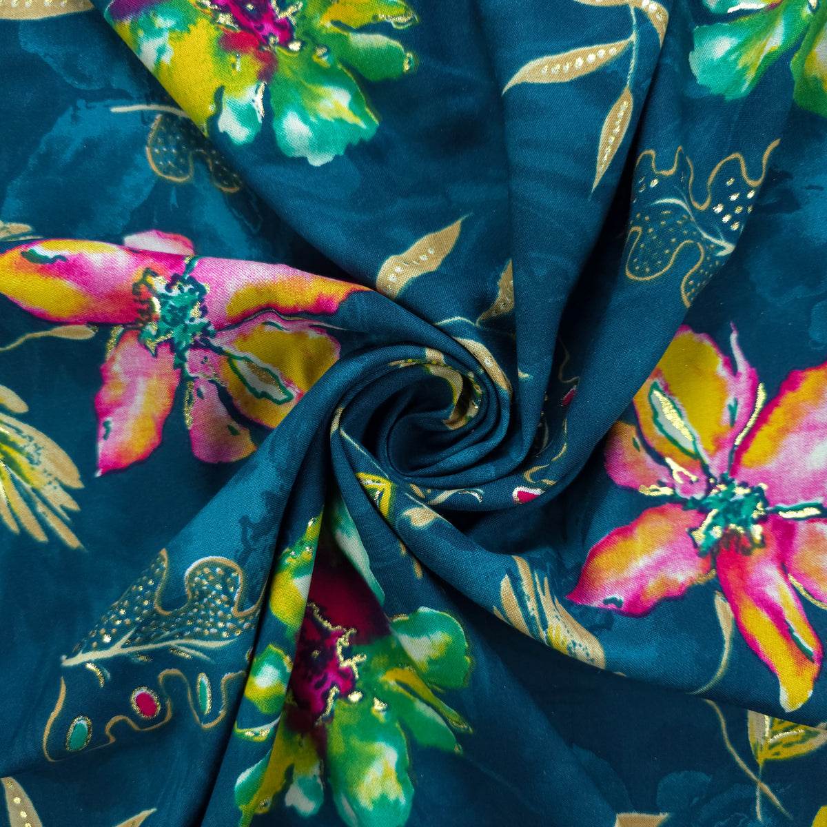 Artistic Botanical Foil Printed Rayon Fabric