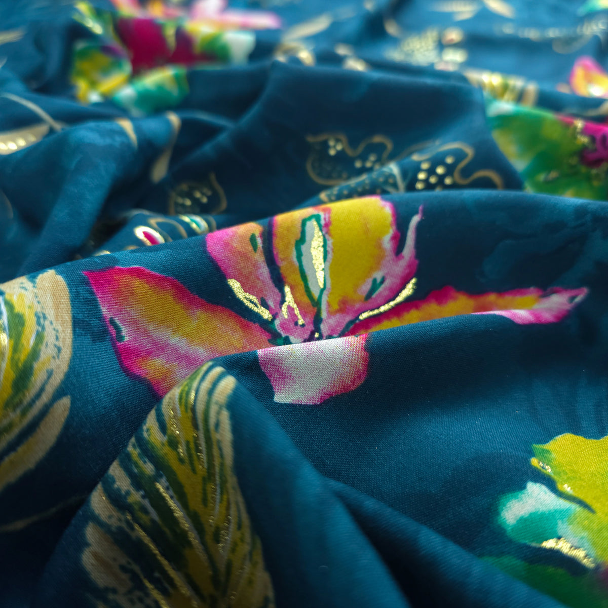 Artistic Botanical Foil Printed Rayon Fabric