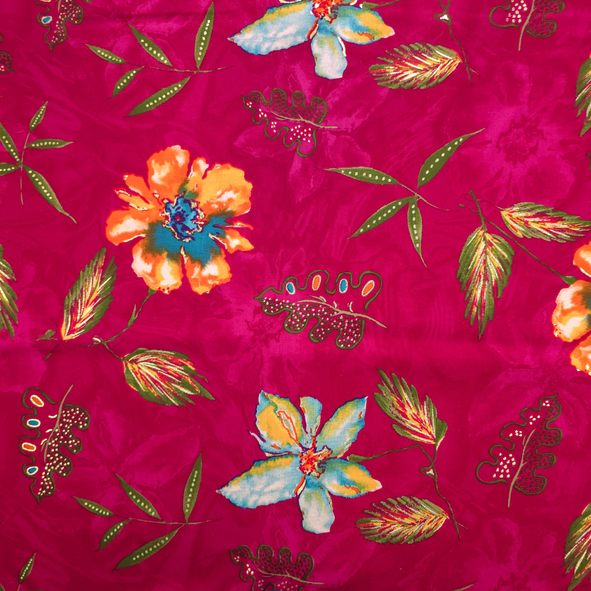 Artistic Botanical Foil Printed Rayon Fabric