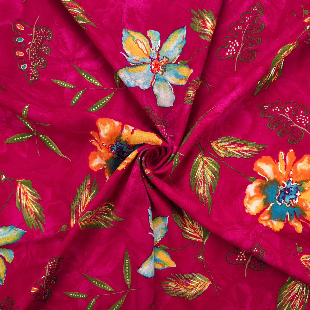 Artistic Botanical Foil Printed Rayon Fabric