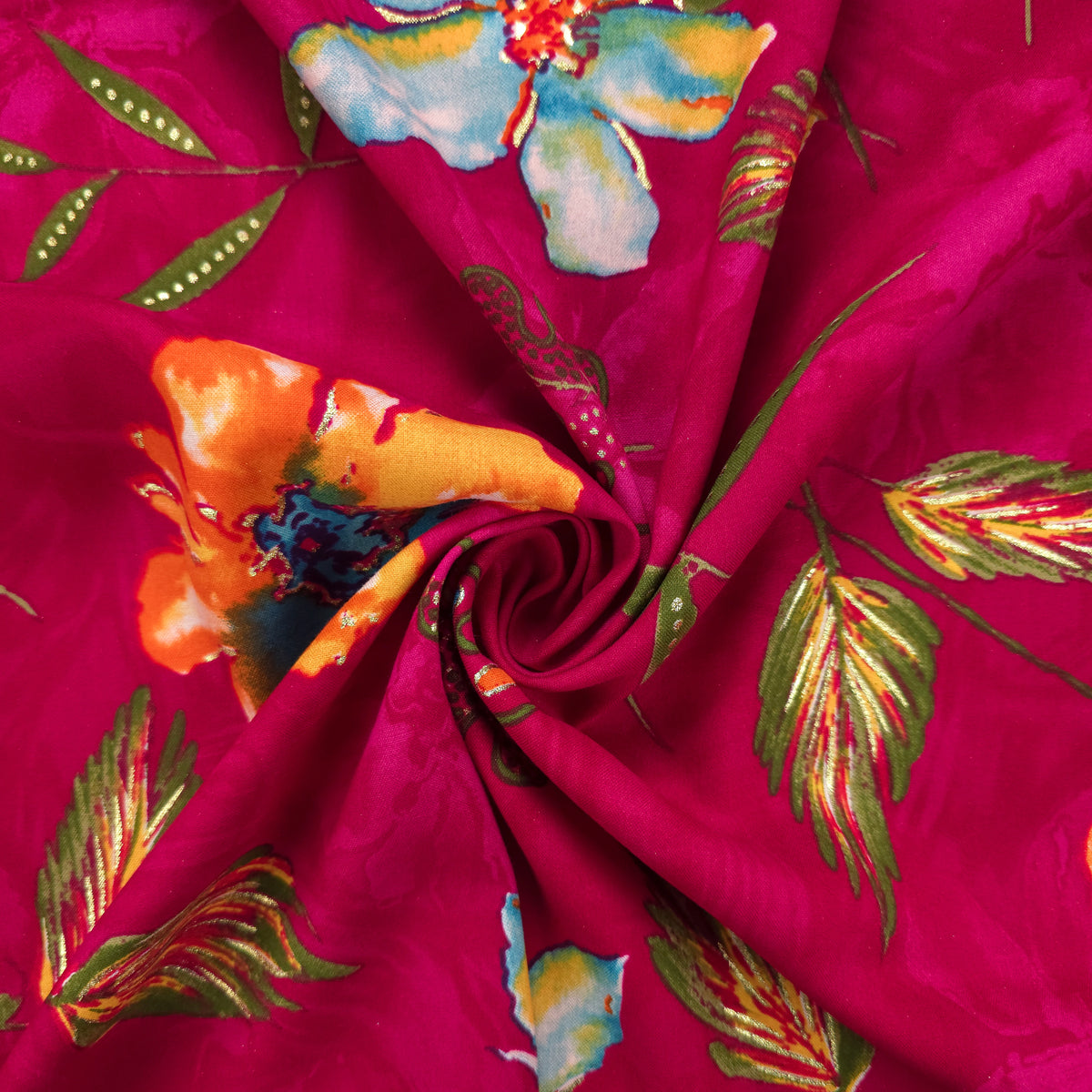 Artistic Botanical Foil Printed Rayon Fabric