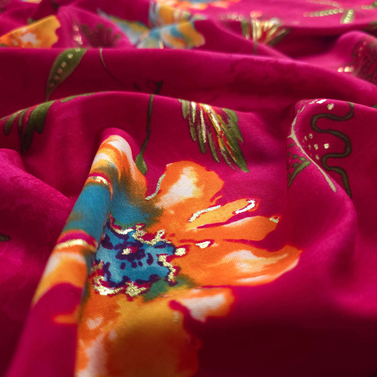 Artistic Botanical Foil Printed Rayon Fabric