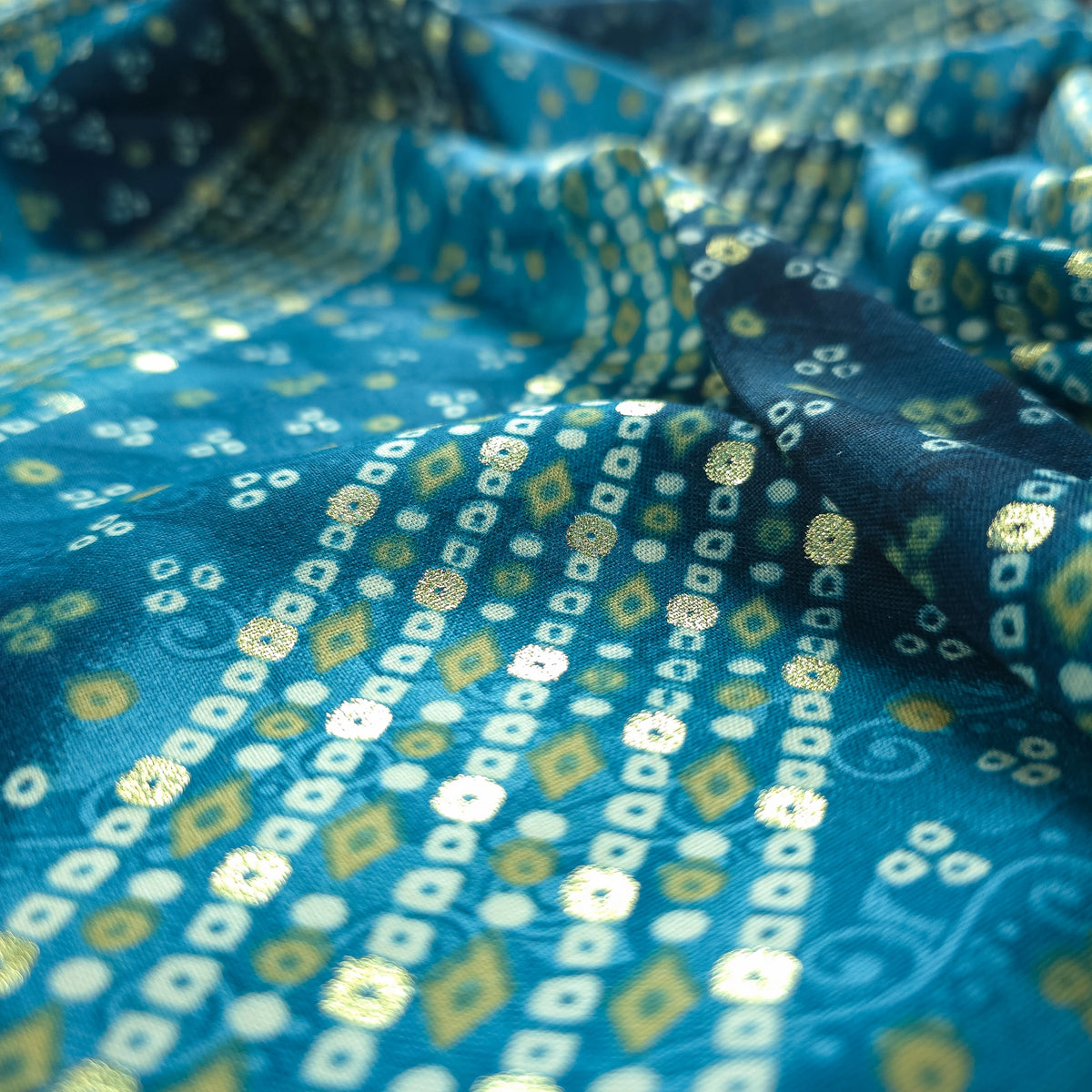 Bandhani Tie-Dye Inspired Foil Printed Rayon Fabric
