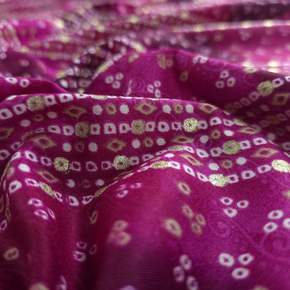 Bandhani Tie-Dye Inspired Foil Printed Rayon Fabric